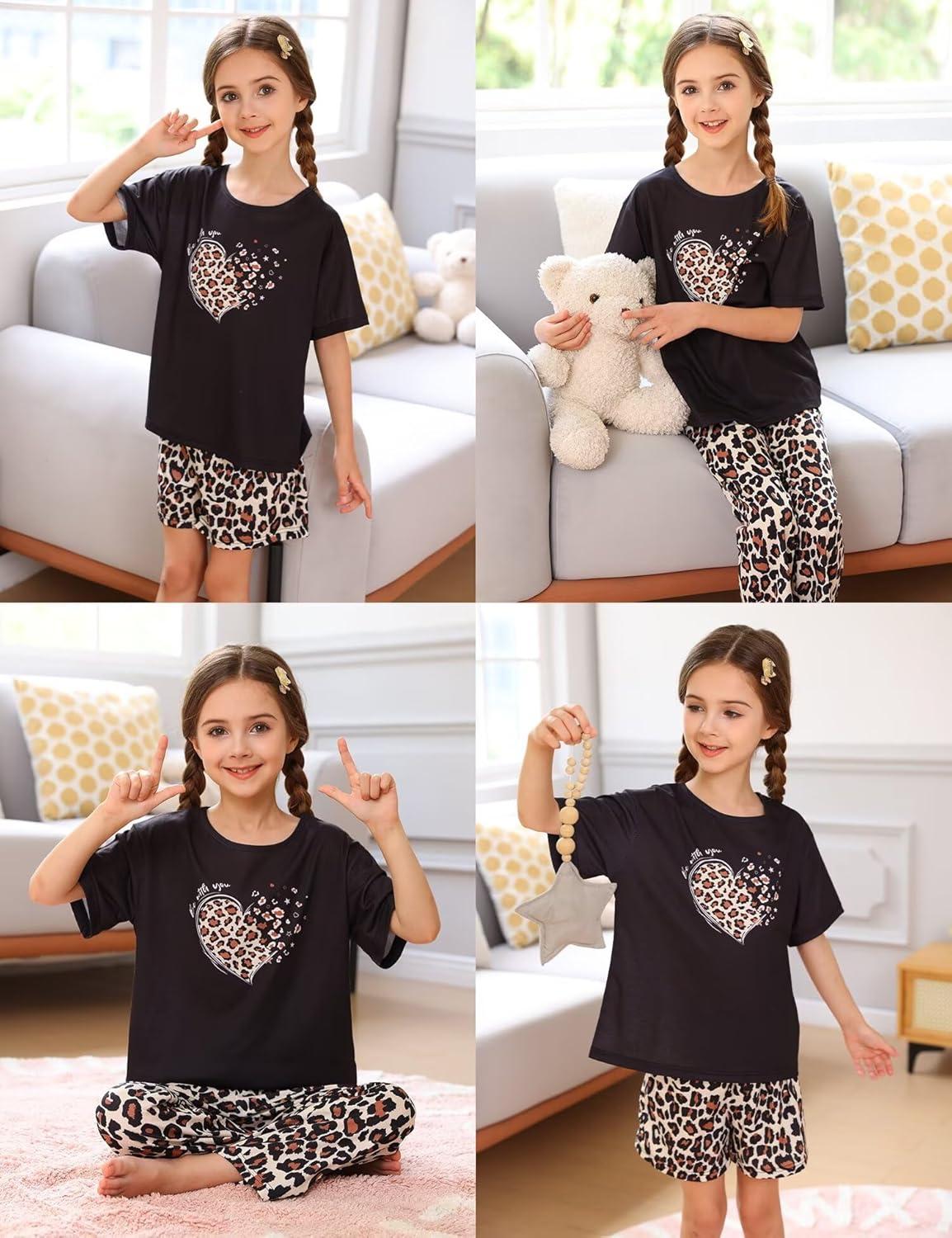 imageSWOMOG Girls Pajamas Sets 3 Piece Short Sleeve Sleepwear Summer Cute Pjs Cartoon Print Loungewear for Kids Size 6153 Pieceleopard Heart