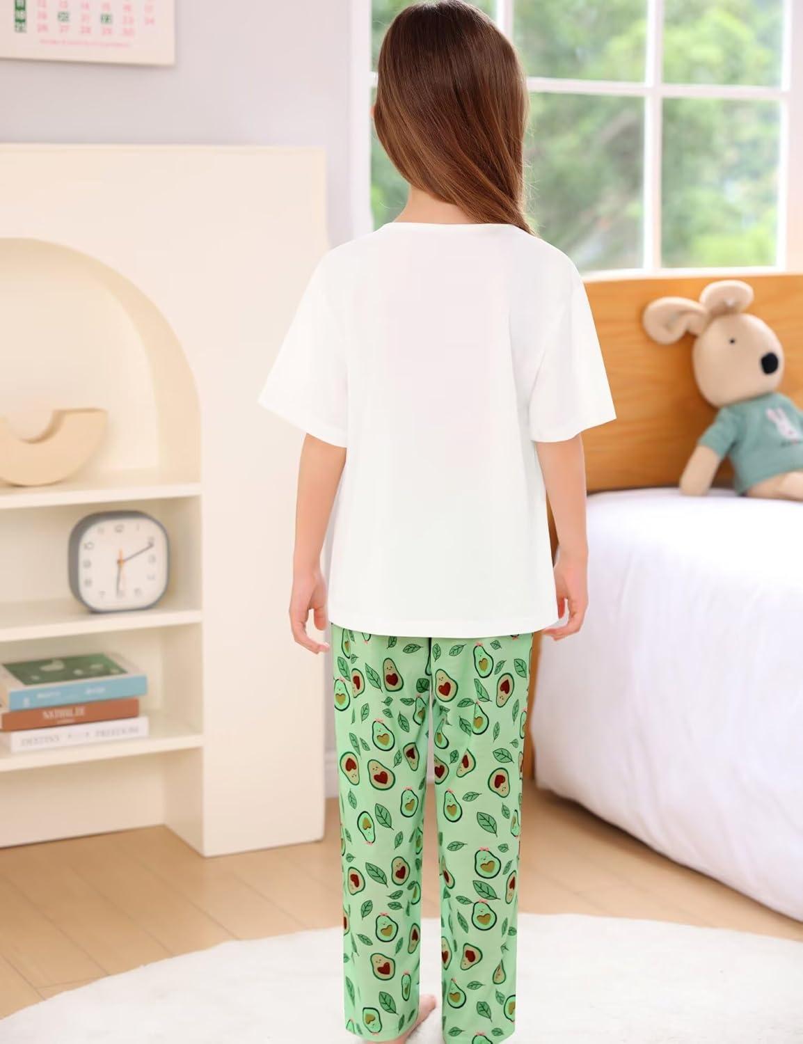 imageSWOMOG Girls Pajamas Sets 3 Piece Short Sleeve Sleepwear Summer Cute Pjs Cartoon Print Loungewear for Kids Size 6153 Piecelove Avocado