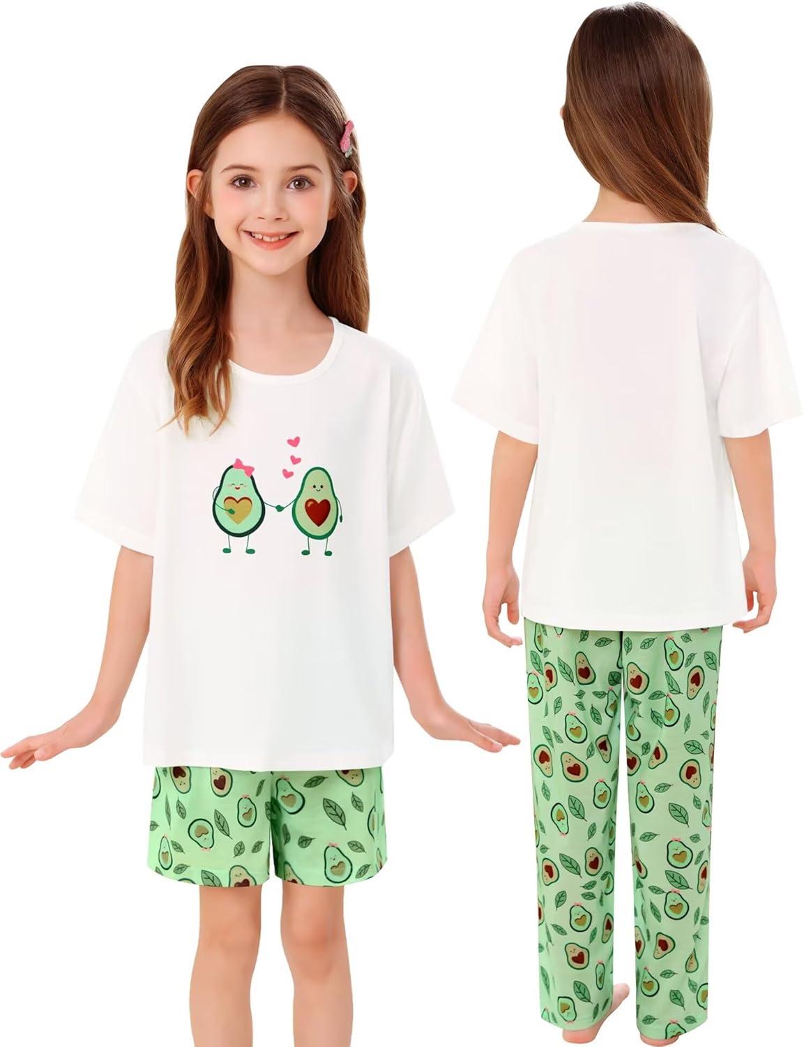 imageSWOMOG Girls Pajamas Sets 3 Piece Short Sleeve Sleepwear Summer Cute Pjs Cartoon Print Loungewear for Kids Size 6153 Piecelove Avocado