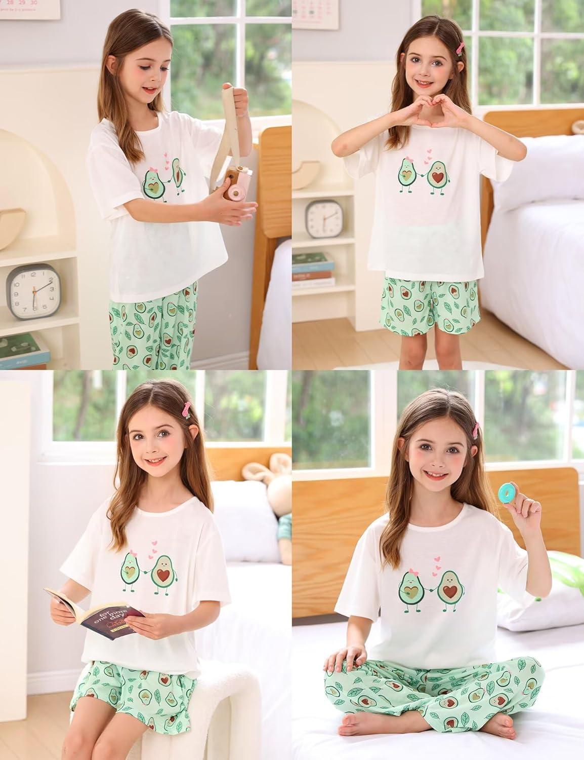 imageSWOMOG Girls Pajamas Sets 3 Piece Short Sleeve Sleepwear Summer Cute Pjs Cartoon Print Loungewear for Kids Size 6153 Piecelove Avocado