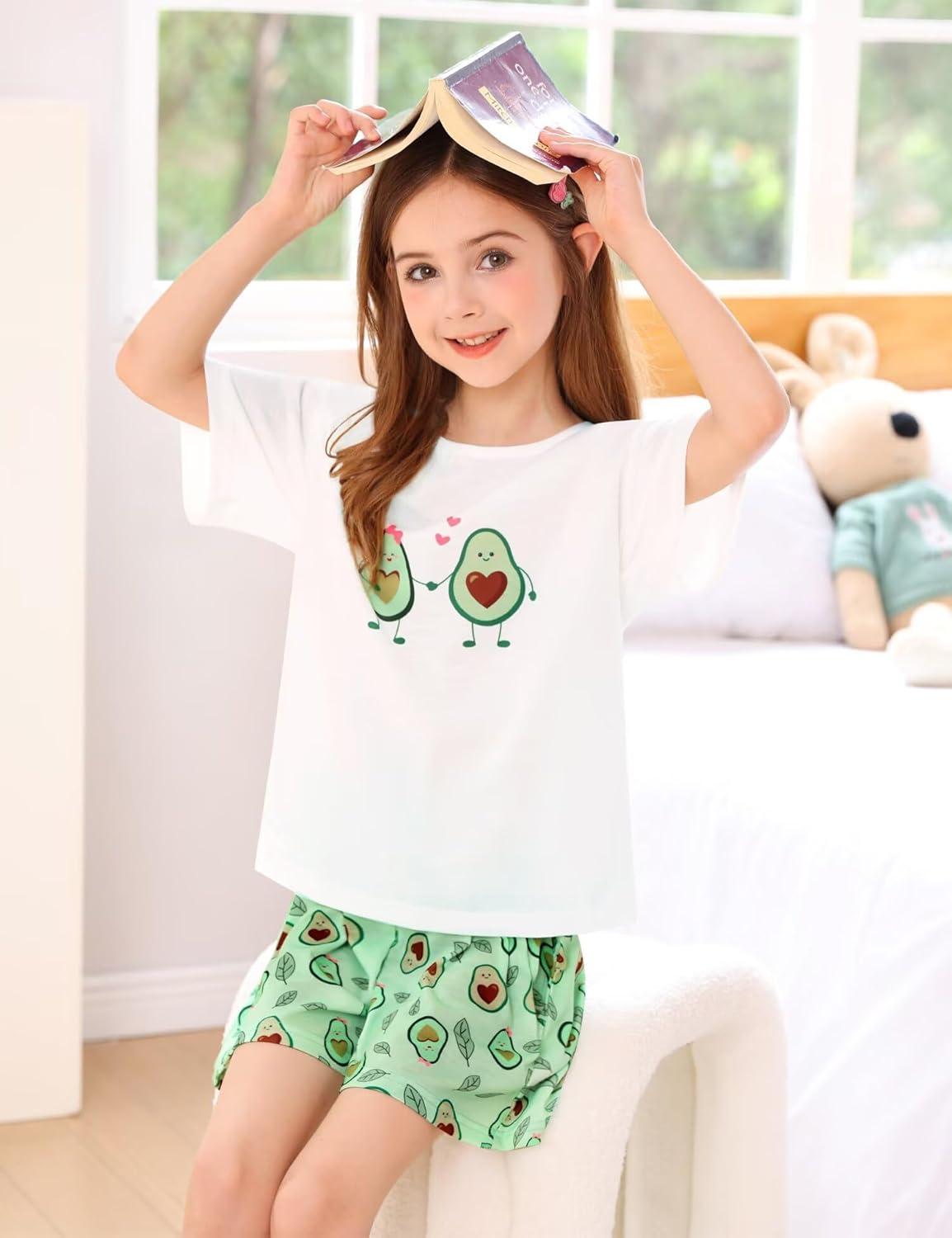 imageSWOMOG Girls Pajamas Sets 3 Piece Short Sleeve Sleepwear Summer Cute Pjs Cartoon Print Loungewear for Kids Size 6153 Piecelove Avocado