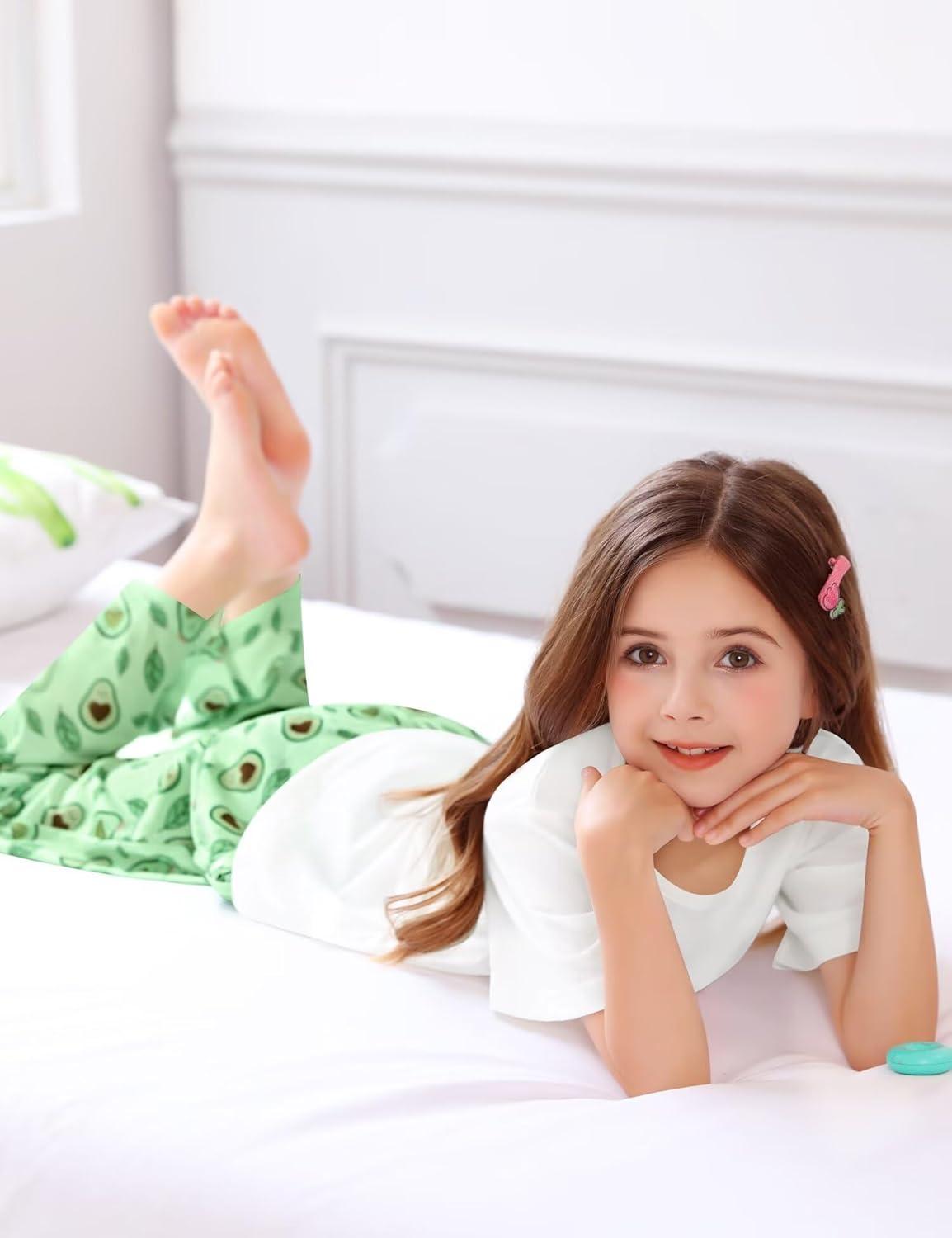 imageSWOMOG Girls Pajamas Sets 3 Piece Short Sleeve Sleepwear Summer Cute Pjs Cartoon Print Loungewear for Kids Size 6153 Piecelove Avocado