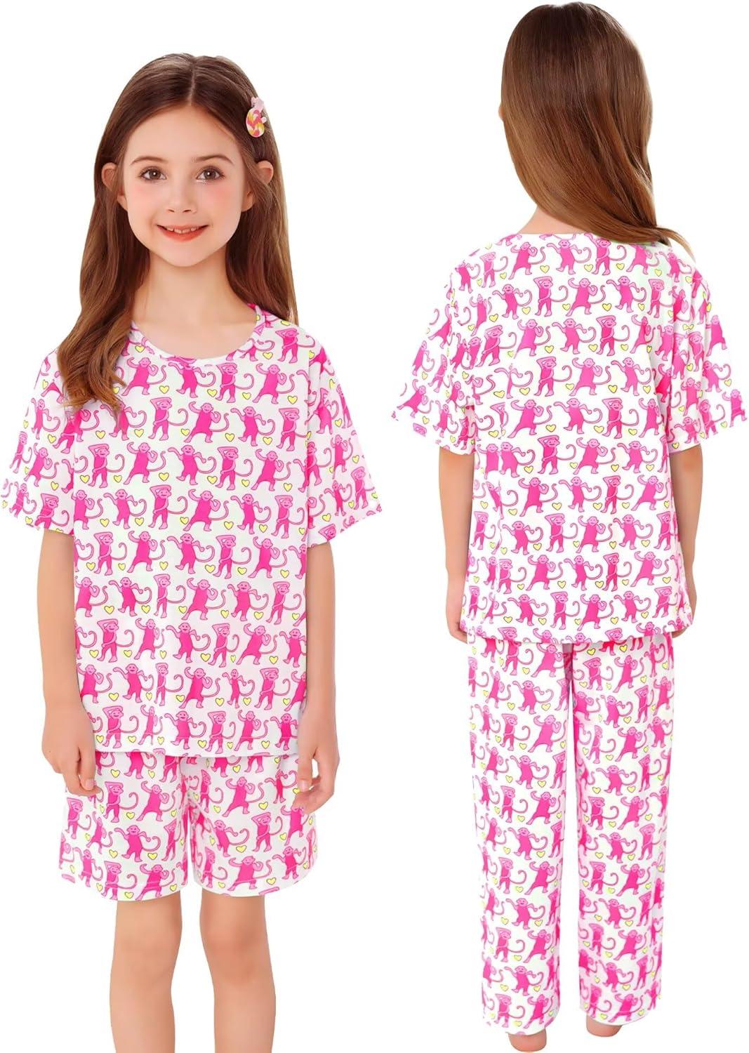 imageSWOMOG Girls Pajamas Sets 3 Piece Short Sleeve Sleepwear Summer Cute Pjs Cartoon Print Loungewear for Kids Size 6153 Piecepink Monkey