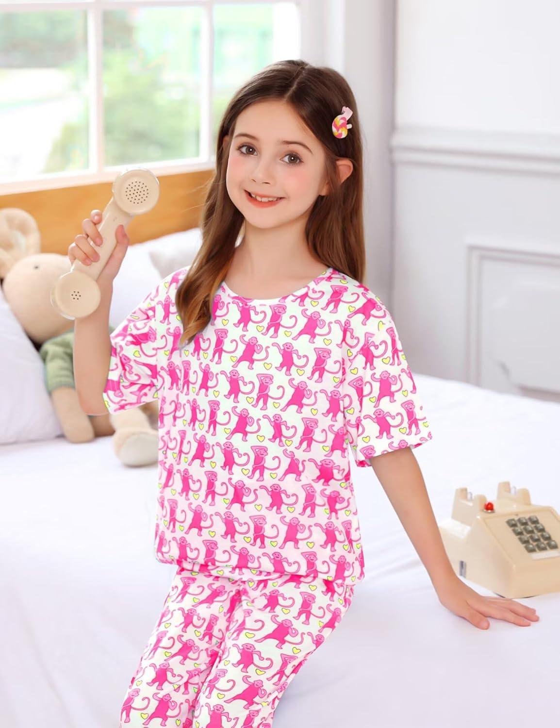 imageSWOMOG Girls Pajamas Sets 3 Piece Short Sleeve Sleepwear Summer Cute Pjs Cartoon Print Loungewear for Kids Size 6153 Piecepink Monkey