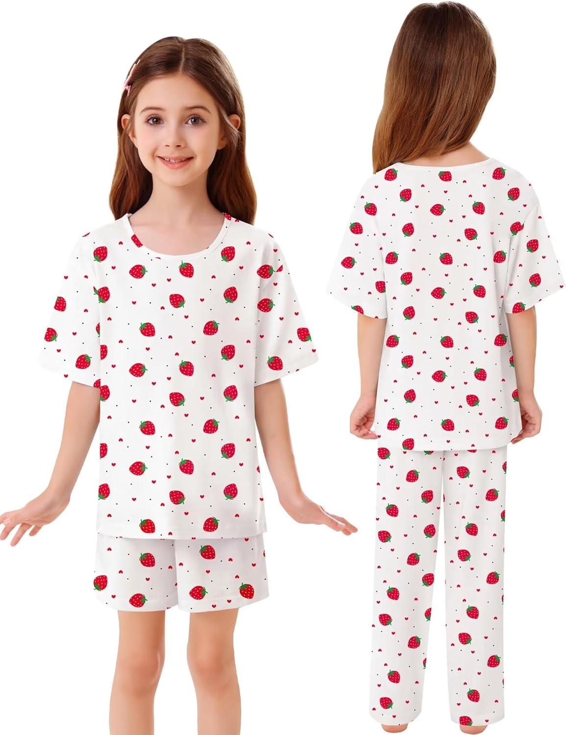 imageSWOMOG Girls Pajamas Sets 3 Piece Short Sleeve Sleepwear Summer Cute Pjs Cartoon Print Loungewear for Kids Size 6153 Piecewhite Little Strawberry