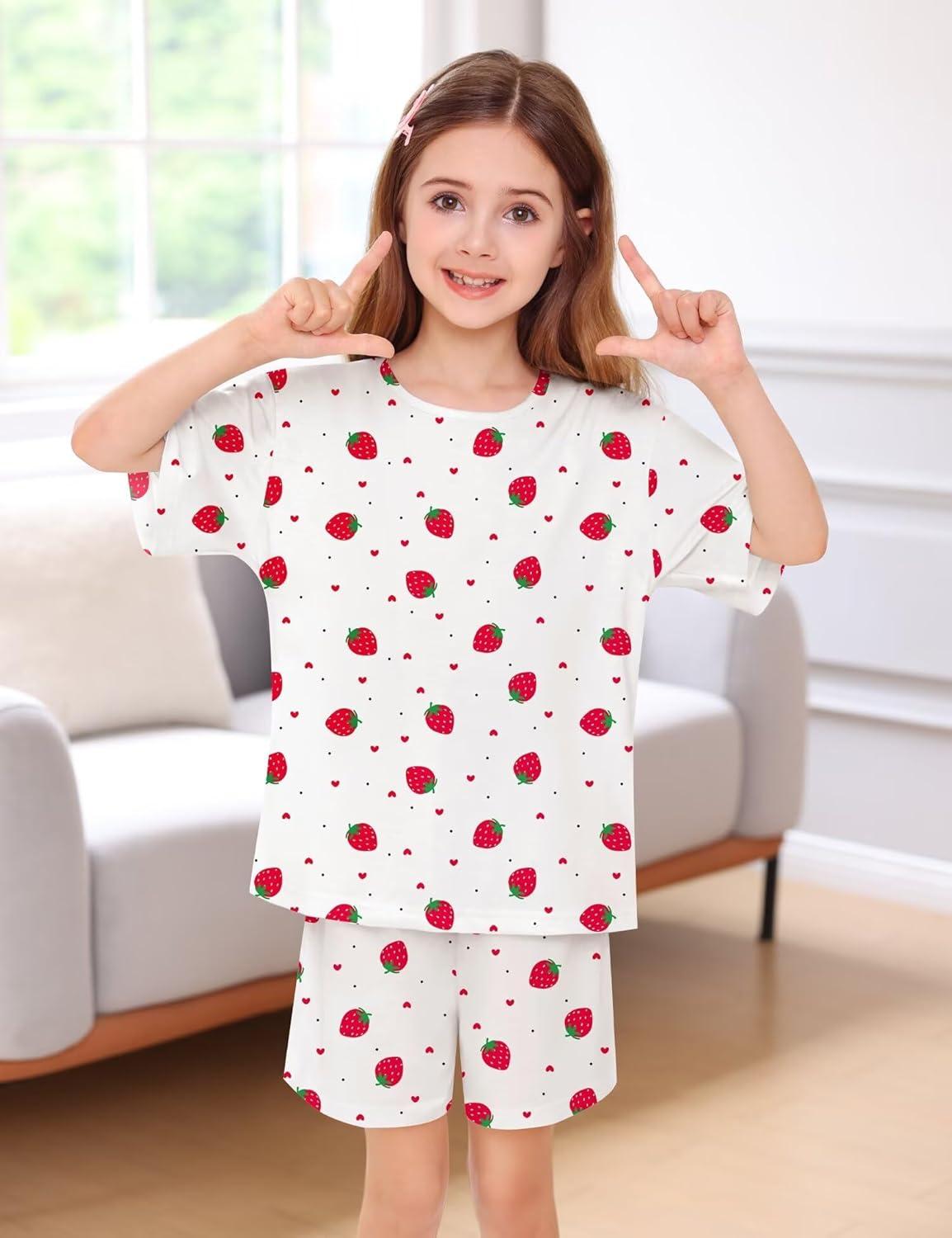 imageSWOMOG Girls Pajamas Sets 3 Piece Short Sleeve Sleepwear Summer Cute Pjs Cartoon Print Loungewear for Kids Size 6153 Piecewhite Little Strawberry