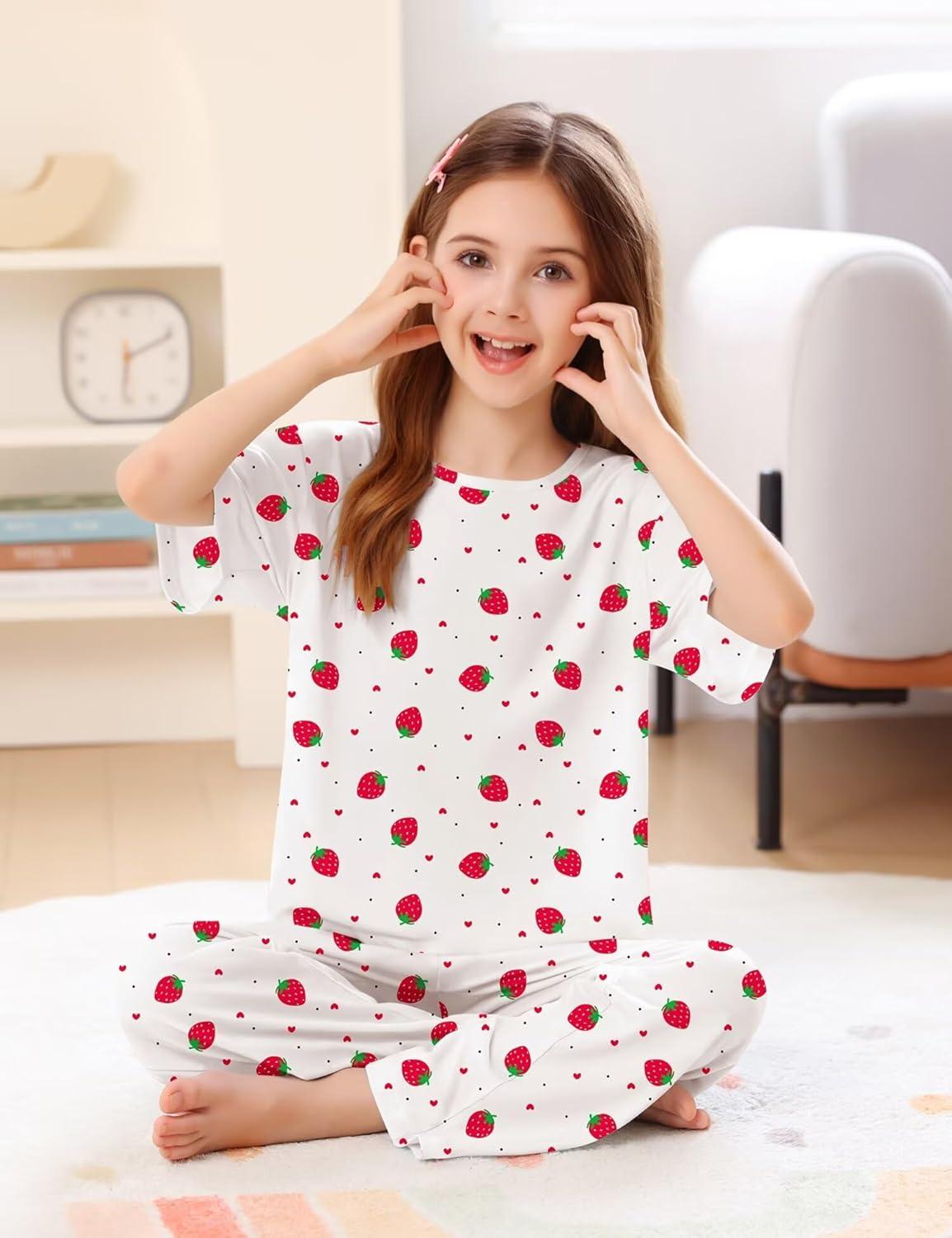 imageSWOMOG Girls Pajamas Sets 3 Piece Short Sleeve Sleepwear Summer Cute Pjs Cartoon Print Loungewear for Kids Size 6153 Piecewhite Little Strawberry