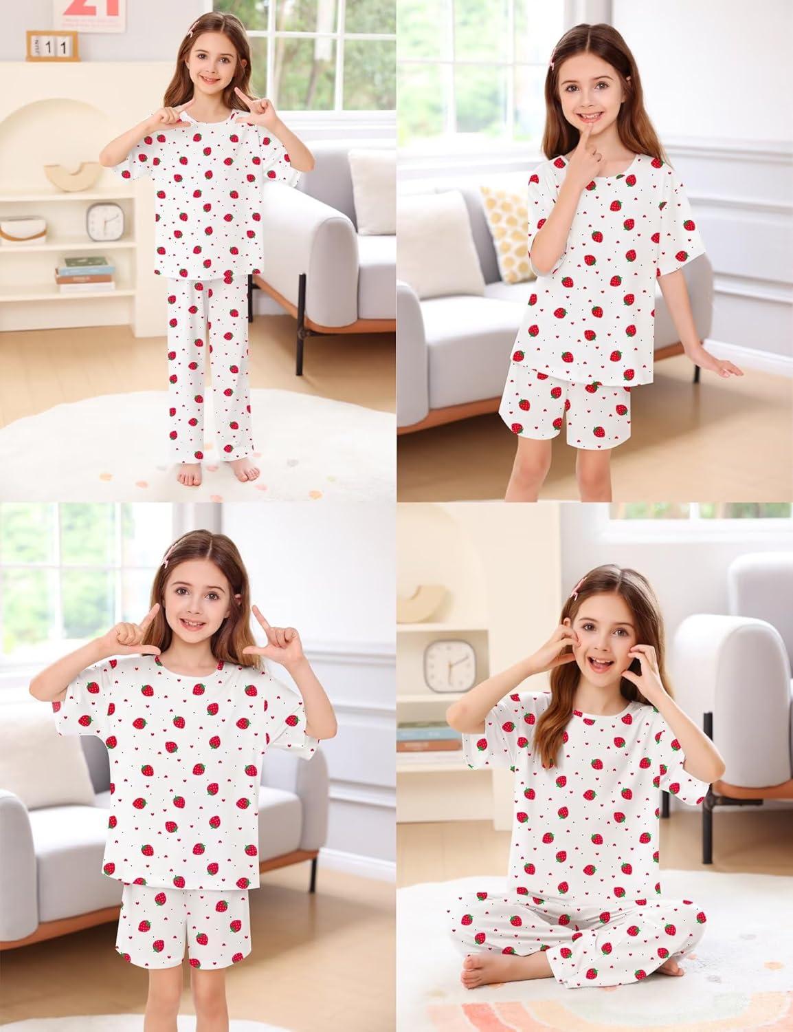 imageSWOMOG Girls Pajamas Sets 3 Piece Short Sleeve Sleepwear Summer Cute Pjs Cartoon Print Loungewear for Kids Size 6153 Piecewhite Little Strawberry