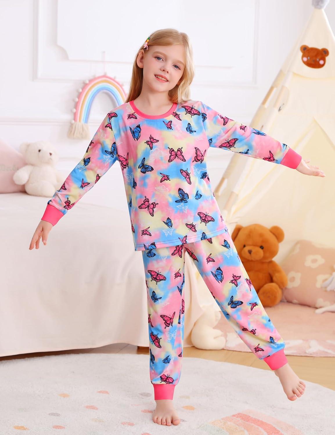 imageSWOMOG Girls Pajamas Sets 3 Piece Short Sleeve Sleepwear Summer Cute Pjs Cartoon Print Loungewear for Kids Size 615Color Butterfly