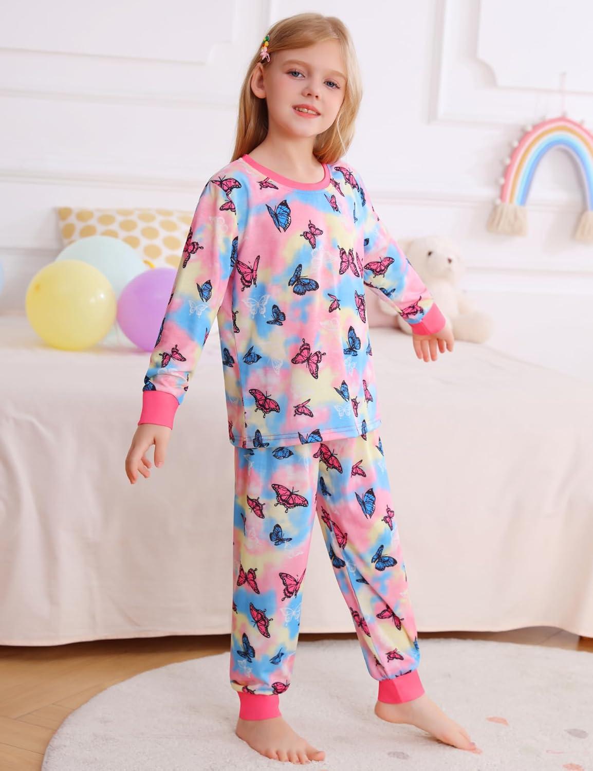 imageSWOMOG Girls Pajamas Sets 3 Piece Short Sleeve Sleepwear Summer Cute Pjs Cartoon Print Loungewear for Kids Size 615Color Butterfly
