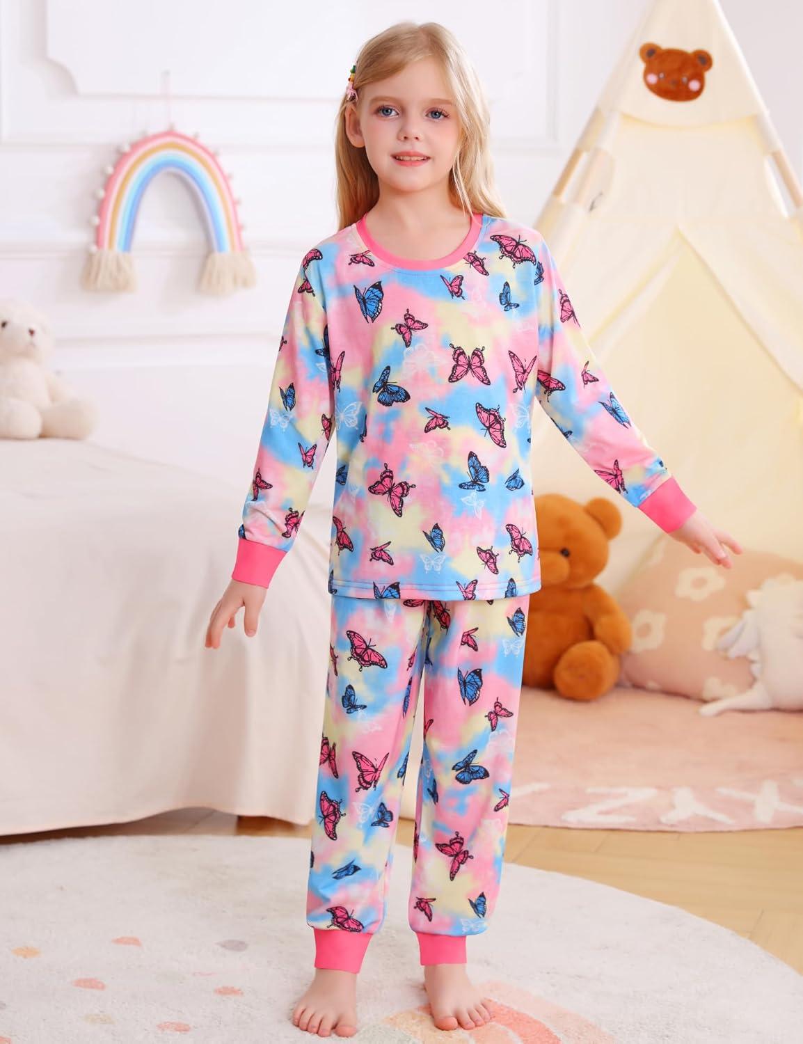 imageSWOMOG Girls Pajamas Sets 3 Piece Short Sleeve Sleepwear Summer Cute Pjs Cartoon Print Loungewear for Kids Size 615Color Butterfly