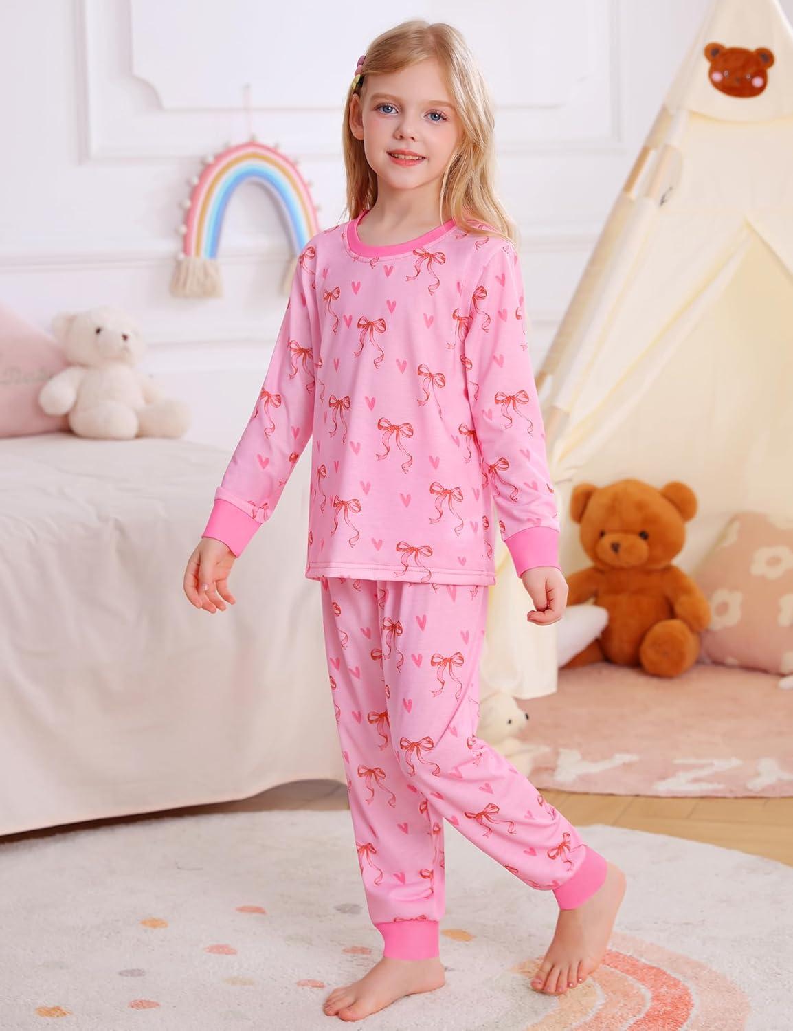 imageSWOMOG Girls Pajamas Sets 3 Piece Short Sleeve Sleepwear Summer Cute Pjs Cartoon Print Loungewear for Kids Size 615Pink Bow