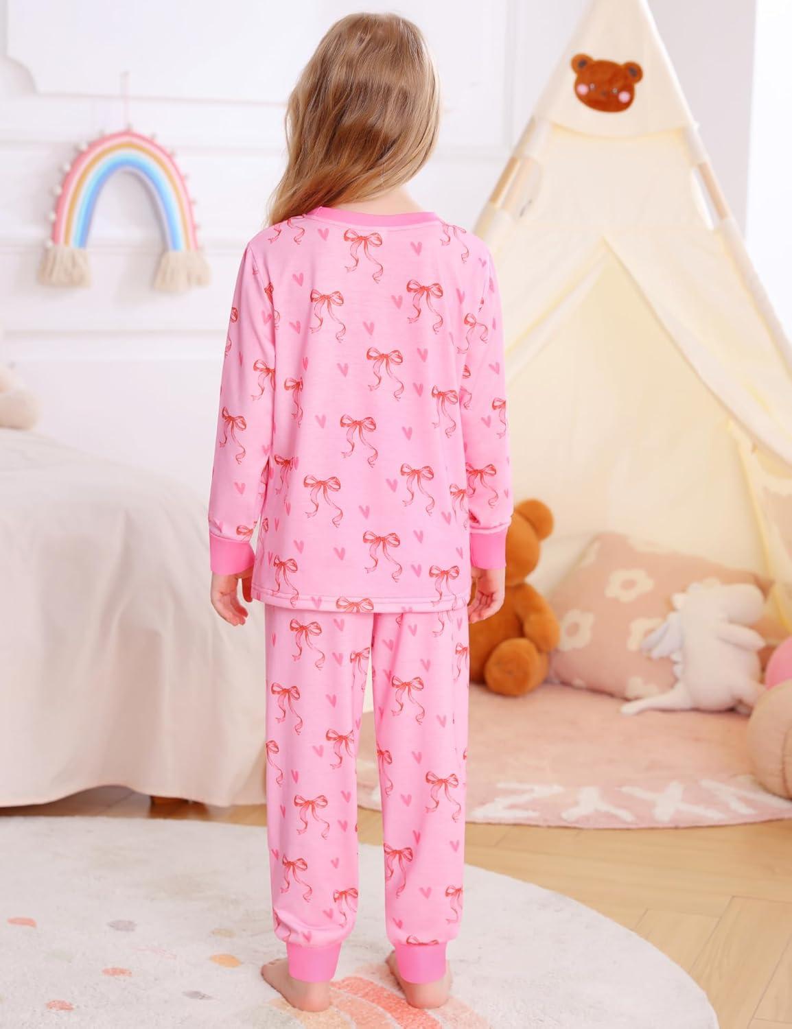 imageSWOMOG Girls Pajamas Sets 3 Piece Short Sleeve Sleepwear Summer Cute Pjs Cartoon Print Loungewear for Kids Size 615Pink Bow