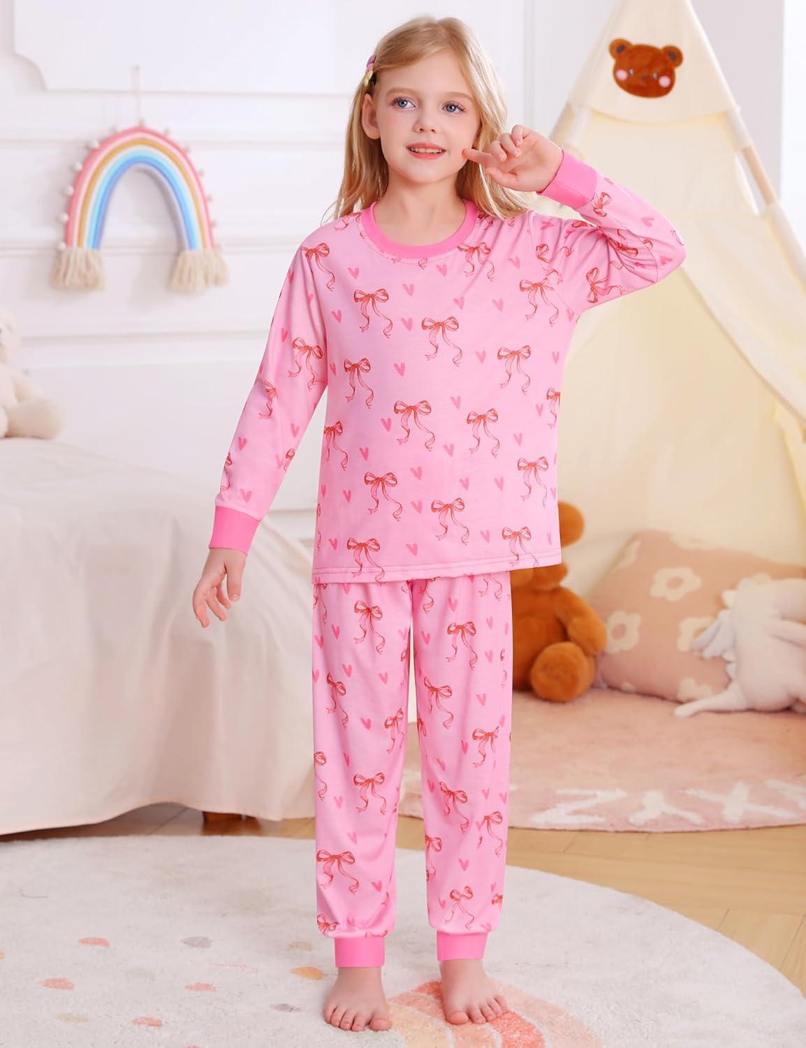 imageSWOMOG Girls Pajamas Sets 3 Piece Short Sleeve Sleepwear Summer Cute Pjs Cartoon Print Loungewear for Kids Size 615Pink Bow