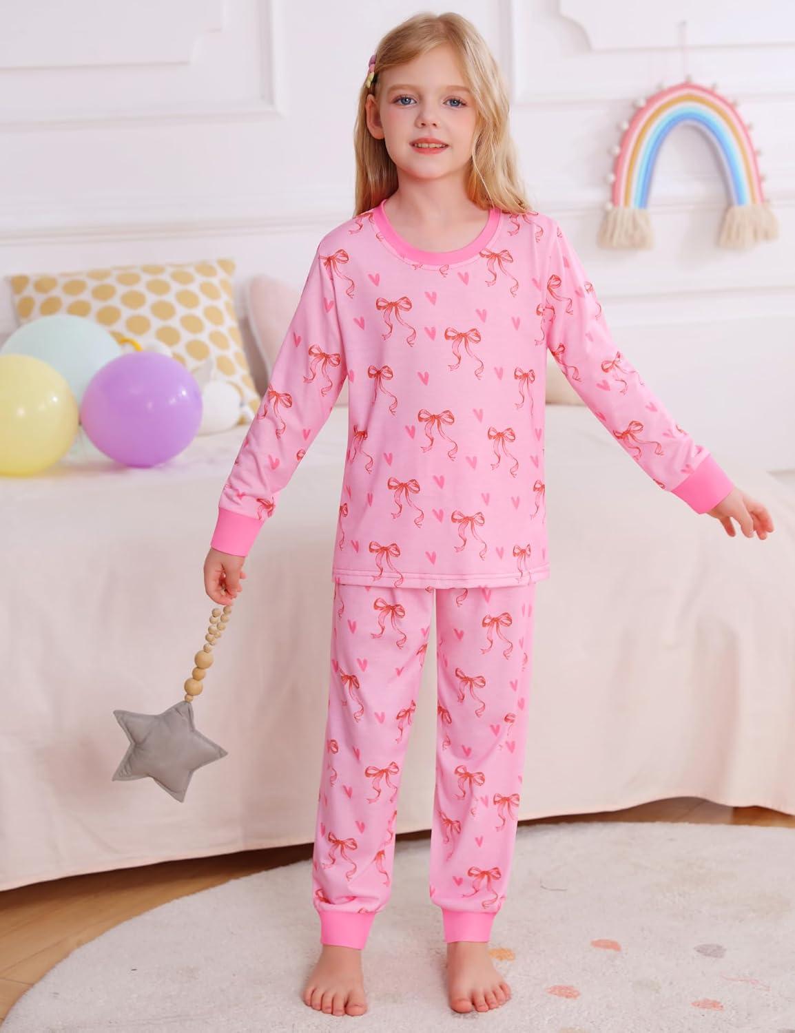 imageSWOMOG Girls Pajamas Sets 3 Piece Short Sleeve Sleepwear Summer Cute Pjs Cartoon Print Loungewear for Kids Size 615Pink Bow