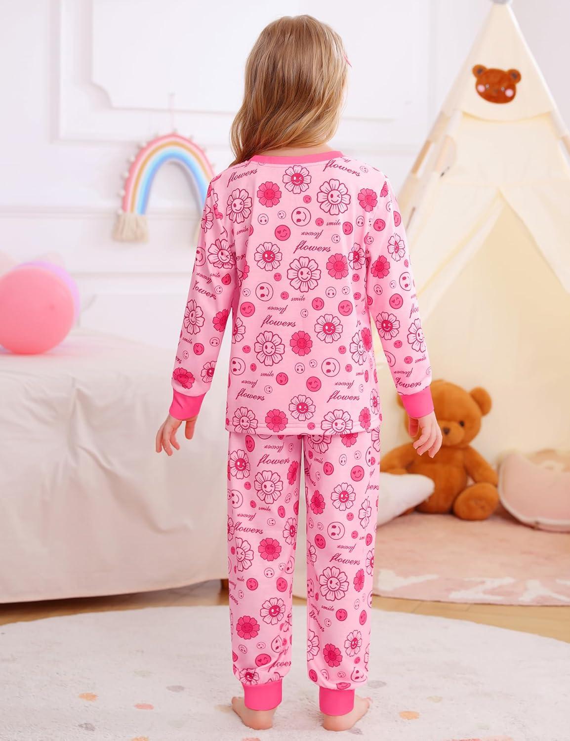 imageSWOMOG Girls Pajamas Sets 3 Piece Short Sleeve Sleepwear Summer Cute Pjs Cartoon Print Loungewear for Kids Size 615Pink Smileflower
