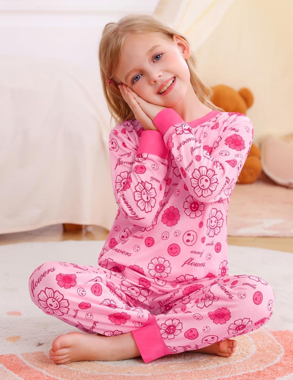 imageSWOMOG Girls Pajamas Sets 3 Piece Short Sleeve Sleepwear Summer Cute Pjs Cartoon Print Loungewear for Kids Size 615Pink Smileflower