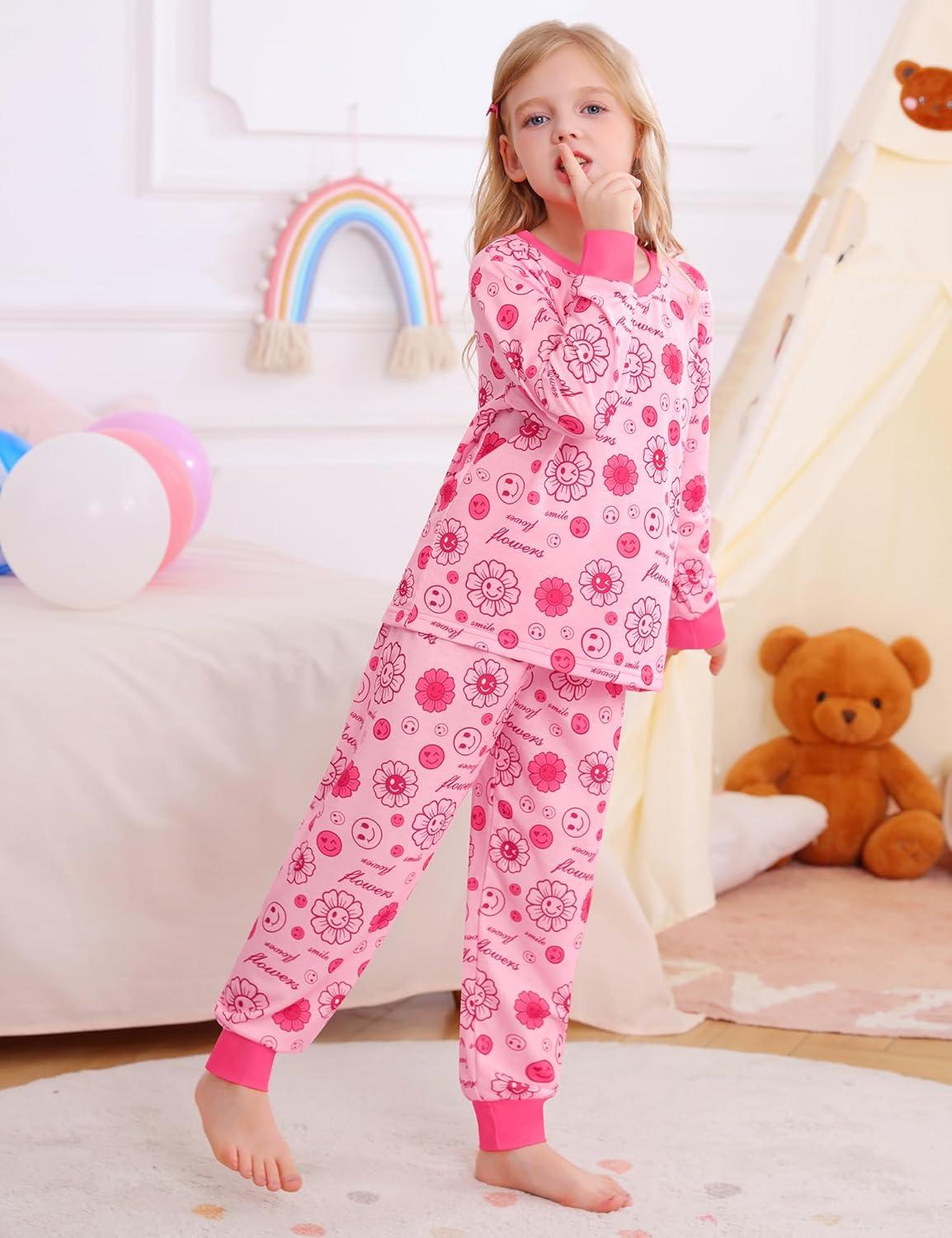 imageSWOMOG Girls Pajamas Sets 3 Piece Short Sleeve Sleepwear Summer Cute Pjs Cartoon Print Loungewear for Kids Size 615Pink Smileflower