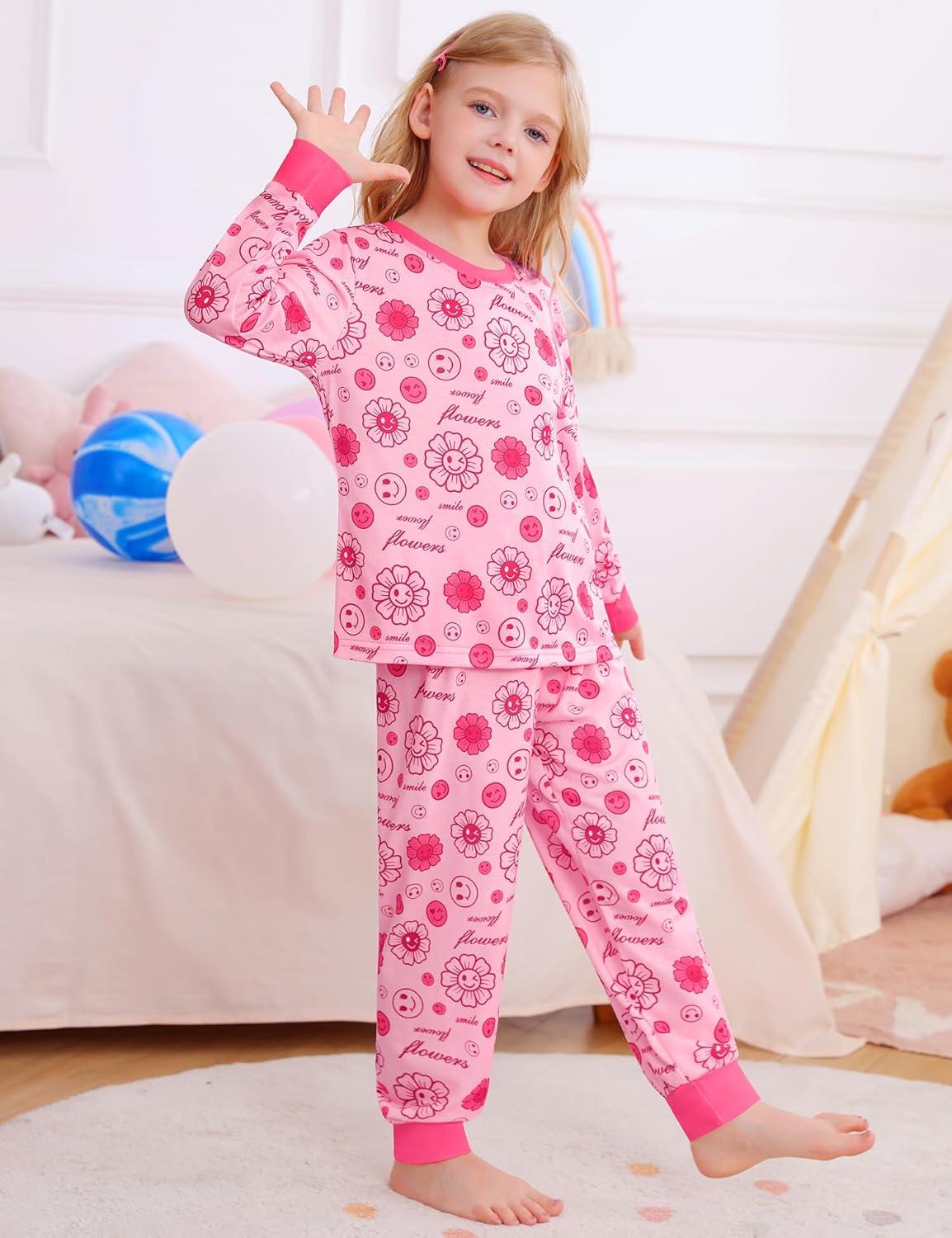imageSWOMOG Girls Pajamas Sets 3 Piece Short Sleeve Sleepwear Summer Cute Pjs Cartoon Print Loungewear for Kids Size 615Pink Smileflower