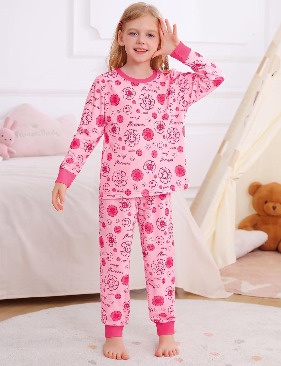 imageSWOMOG Girls Pajamas Sets 3 Piece Short Sleeve Sleepwear Summer Cute Pjs Cartoon Print Loungewear for Kids Size 615Pink Smileflower