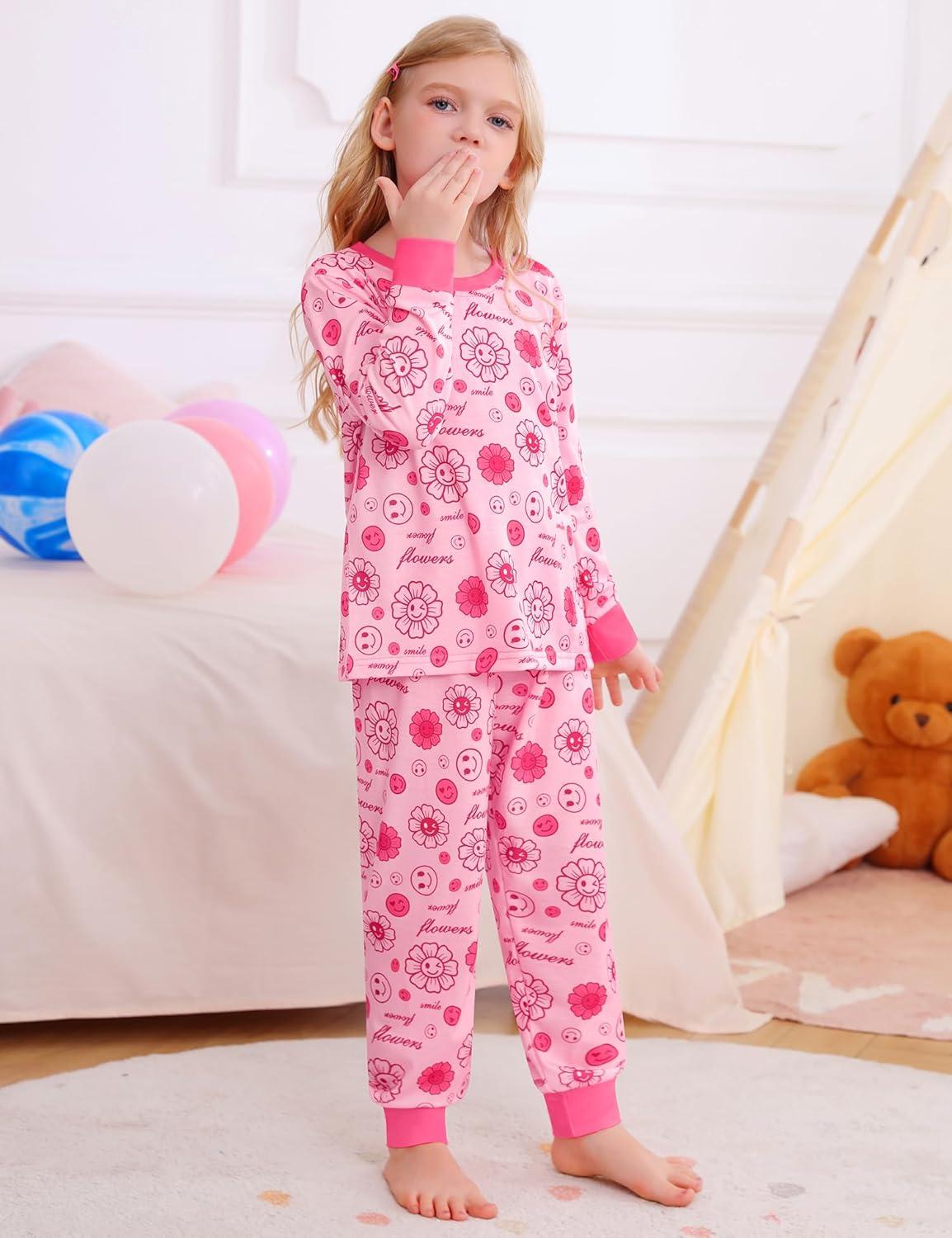 imageSWOMOG Girls Pajamas Sets 3 Piece Short Sleeve Sleepwear Summer Cute Pjs Cartoon Print Loungewear for Kids Size 615Pink Smileflower