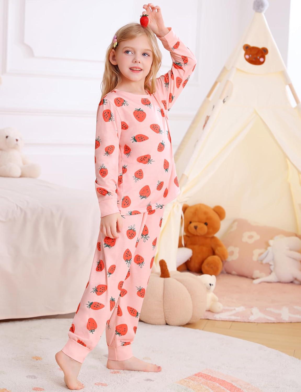 imageSWOMOG Girls Pajamas Sets 3 Piece Short Sleeve Sleepwear Summer Cute Pjs Cartoon Print Loungewear for Kids Size 615Pink Strawberry