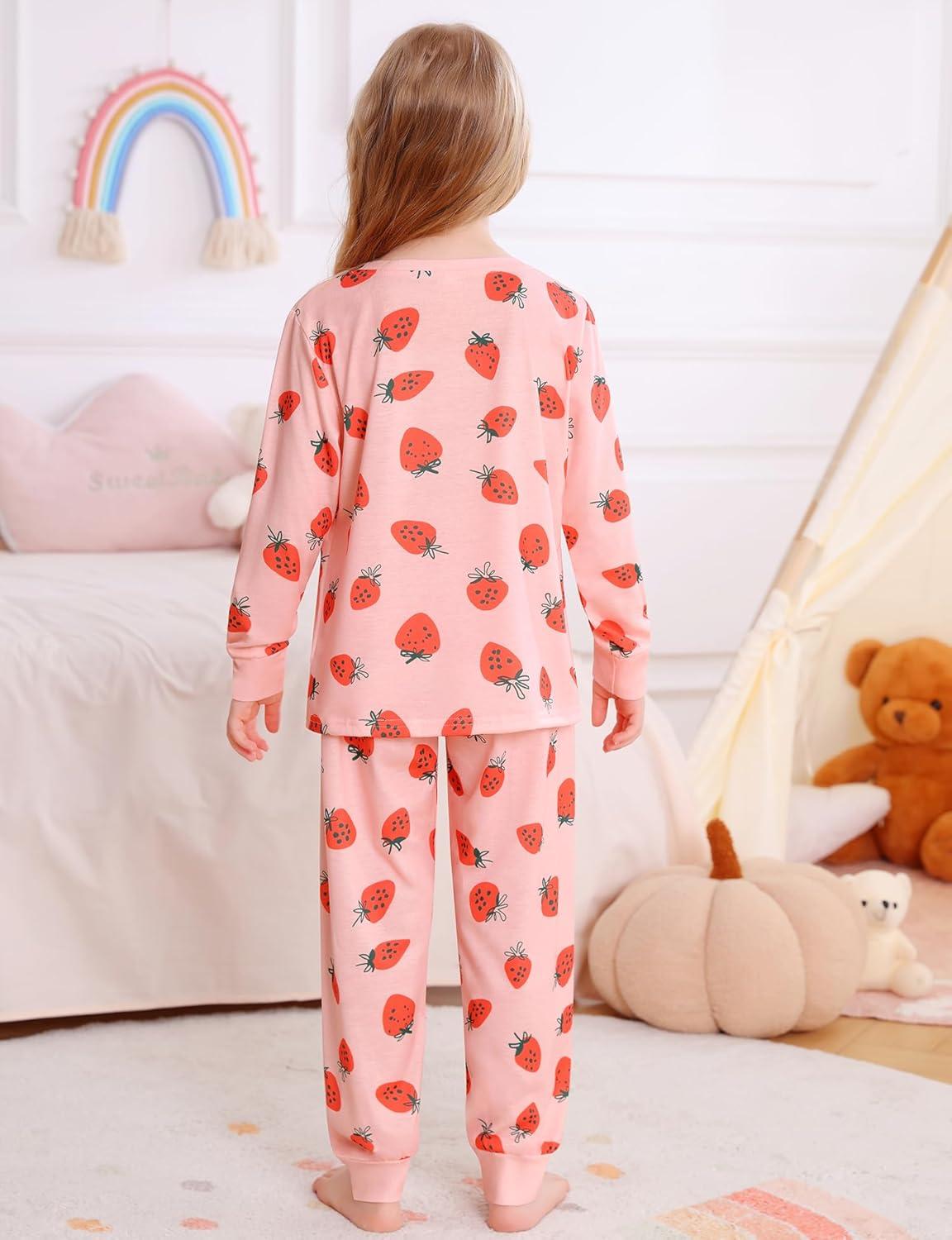 imageSWOMOG Girls Pajamas Sets 3 Piece Short Sleeve Sleepwear Summer Cute Pjs Cartoon Print Loungewear for Kids Size 615Pink Strawberry