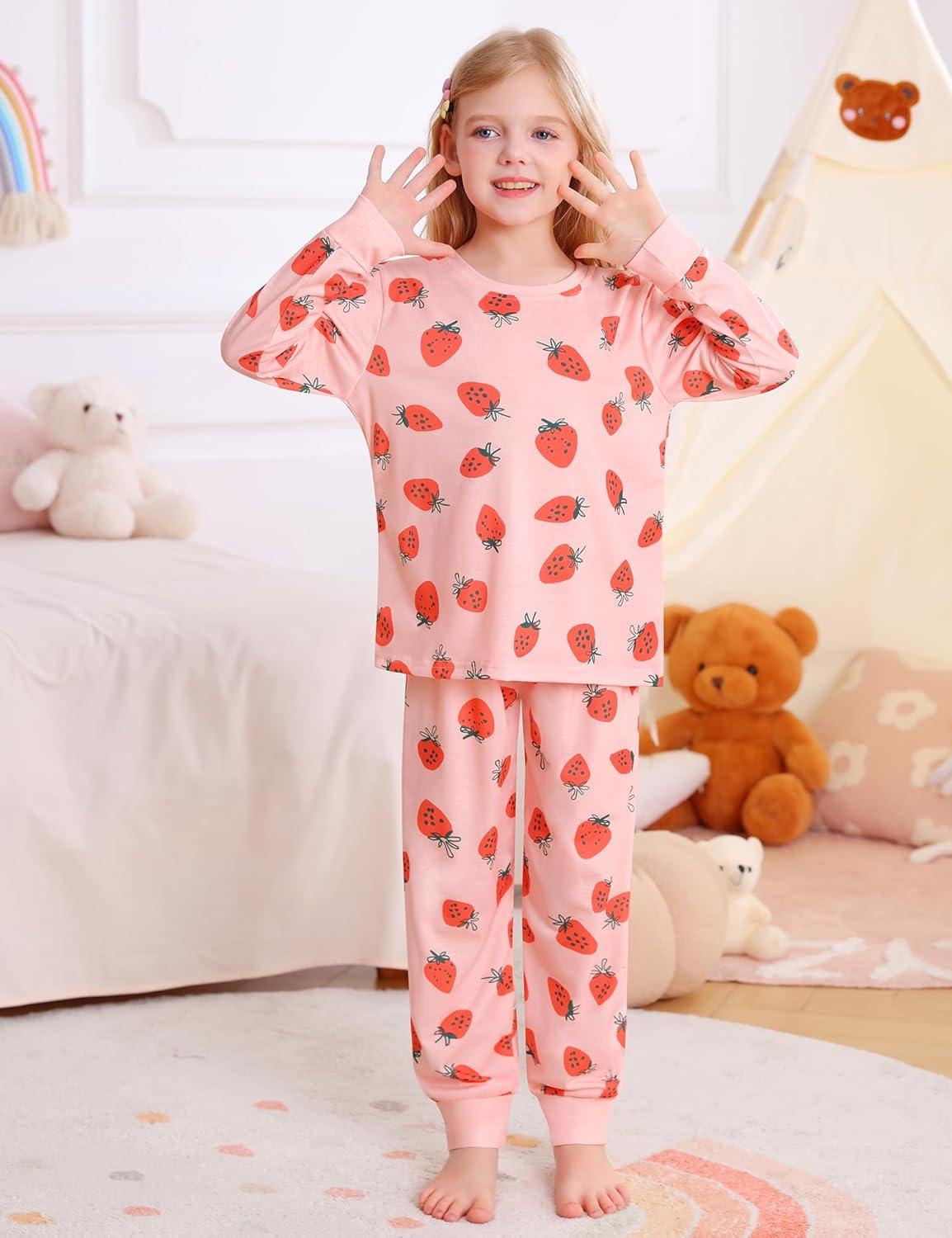 imageSWOMOG Girls Pajamas Sets 3 Piece Short Sleeve Sleepwear Summer Cute Pjs Cartoon Print Loungewear for Kids Size 615Pink Strawberry