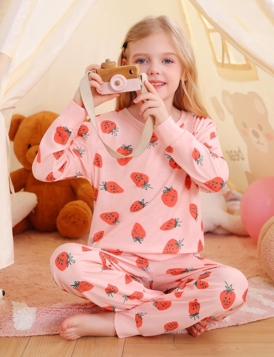 imageSWOMOG Girls Pajamas Sets 3 Piece Short Sleeve Sleepwear Summer Cute Pjs Cartoon Print Loungewear for Kids Size 615Pink Strawberry