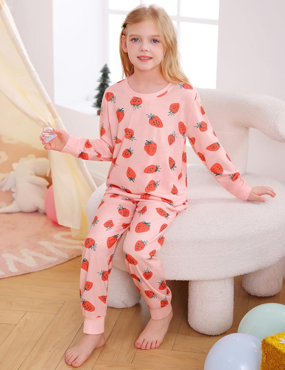 imageSWOMOG Girls Pajamas Sets 3 Piece Short Sleeve Sleepwear Summer Cute Pjs Cartoon Print Loungewear for Kids Size 615Pink Strawberry
