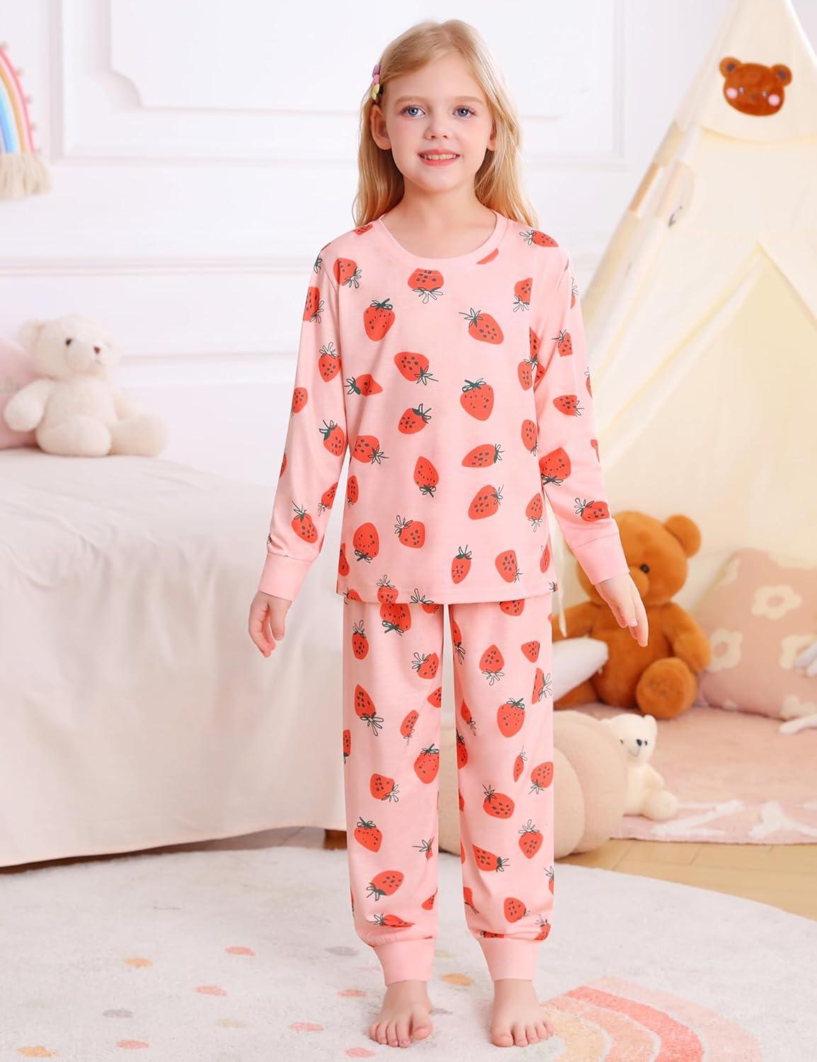imageSWOMOG Girls Pajamas Sets 3 Piece Short Sleeve Sleepwear Summer Cute Pjs Cartoon Print Loungewear for Kids Size 615Pink Strawberry