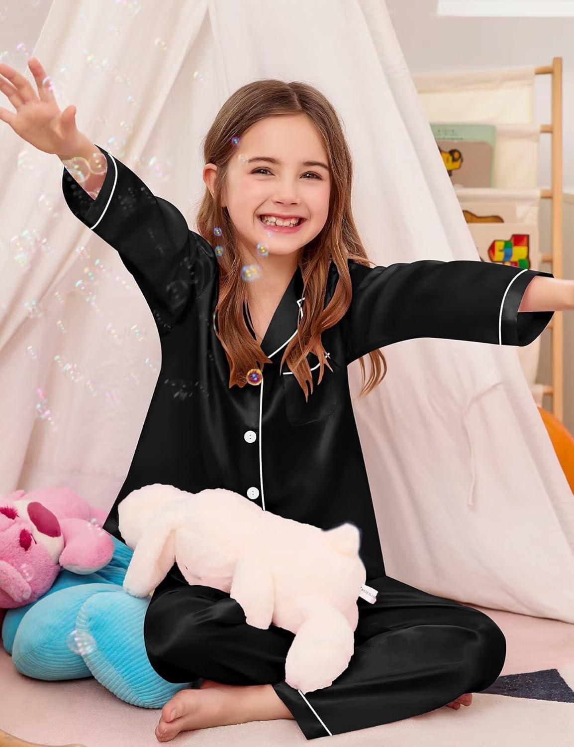 imageSWOMOG Kid Girls Boys Silk Satin Pajamas Set ButtonDown PJs Sets TwoPiece Lounge Sets Long Sleeve SleepwearBlack