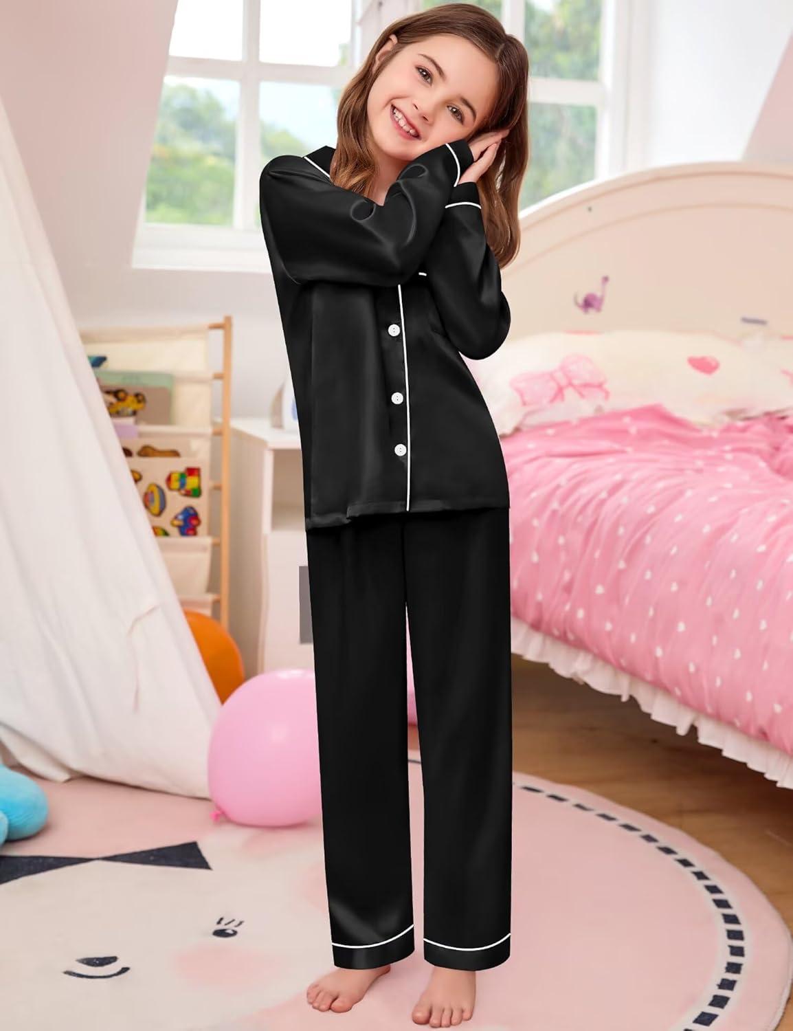 imageSWOMOG Kid Girls Boys Silk Satin Pajamas Set ButtonDown PJs Sets TwoPiece Lounge Sets Long Sleeve SleepwearBlack