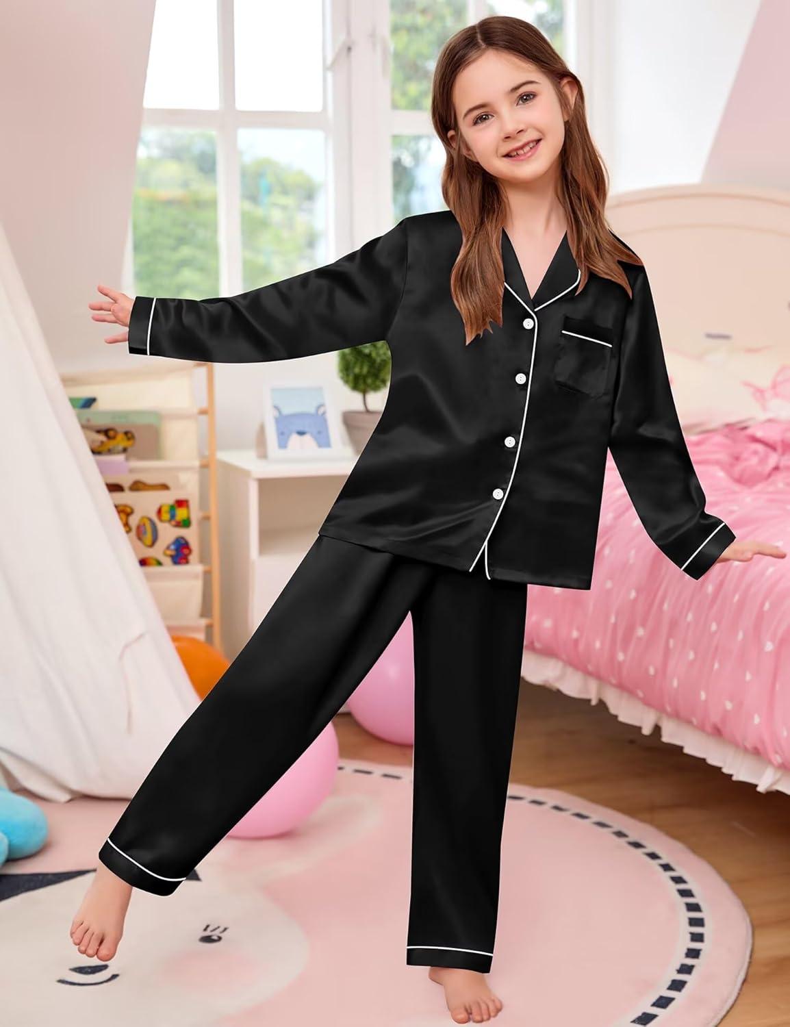 imageSWOMOG Kid Girls Boys Silk Satin Pajamas Set ButtonDown PJs Sets TwoPiece Lounge Sets Long Sleeve SleepwearBlack