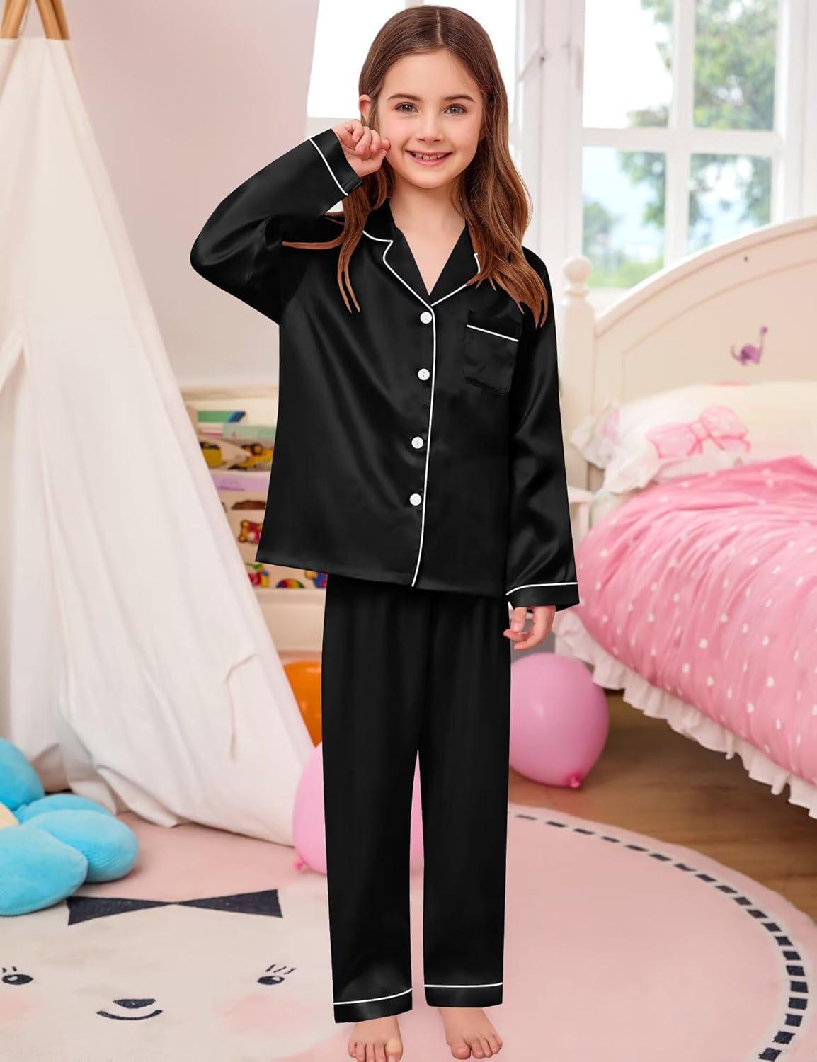 imageSWOMOG Kid Girls Boys Silk Satin Pajamas Set ButtonDown PJs Sets TwoPiece Lounge Sets Long Sleeve SleepwearBlack