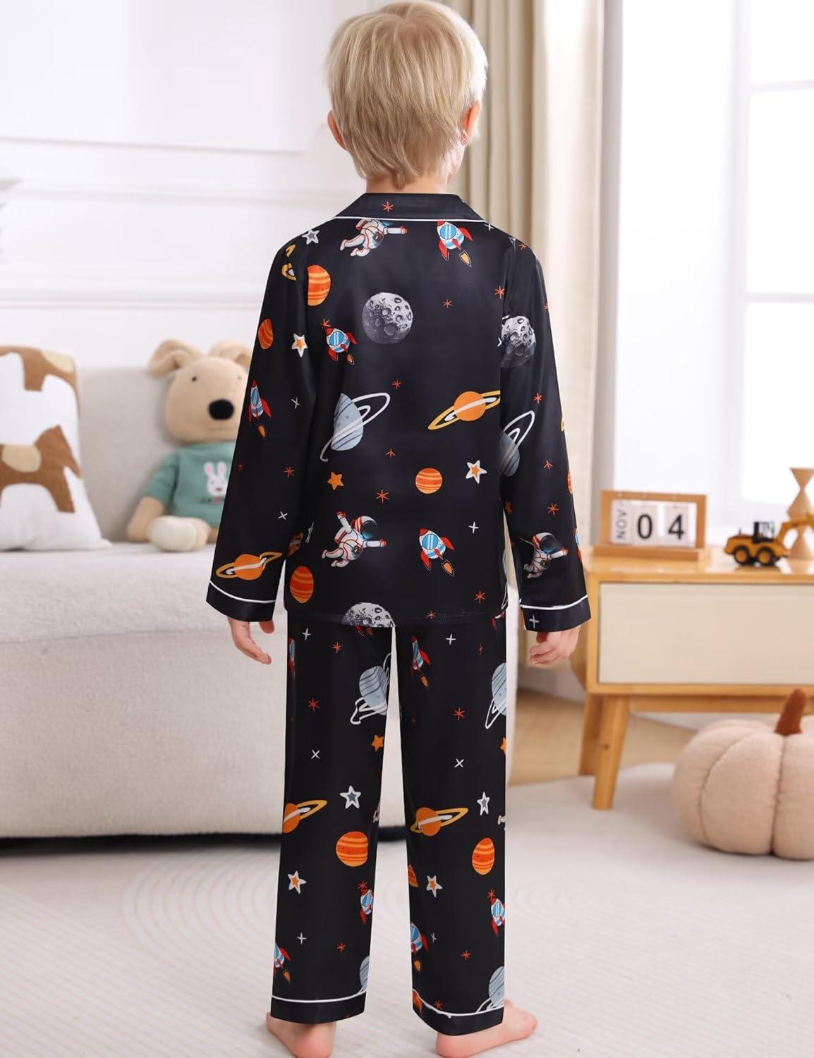 imageSWOMOG Kid Girls Boys Silk Satin Pajamas Set ButtonDown PJs Sets TwoPiece Lounge Sets Long Sleeve SleepwearBlack Astronaut