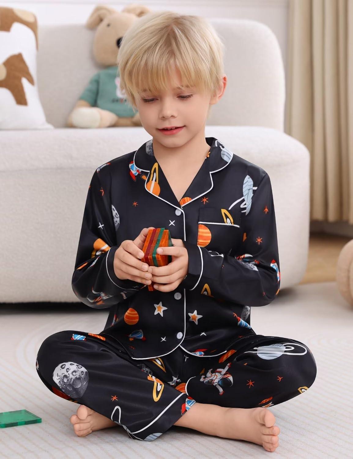 imageSWOMOG Kid Girls Boys Silk Satin Pajamas Set ButtonDown PJs Sets TwoPiece Lounge Sets Long Sleeve SleepwearBlack Astronaut