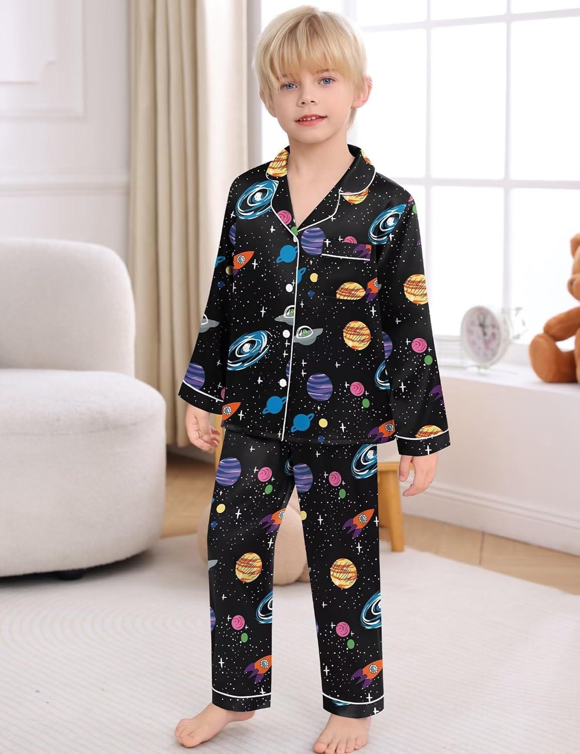 imageSWOMOG Kid Girls Boys Silk Satin Pajamas Set ButtonDown PJs Sets TwoPiece Lounge Sets Long Sleeve SleepwearBlack Rocket