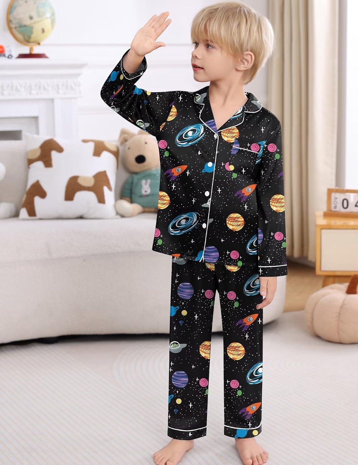 imageSWOMOG Kid Girls Boys Silk Satin Pajamas Set ButtonDown PJs Sets TwoPiece Lounge Sets Long Sleeve SleepwearBlack Rocket