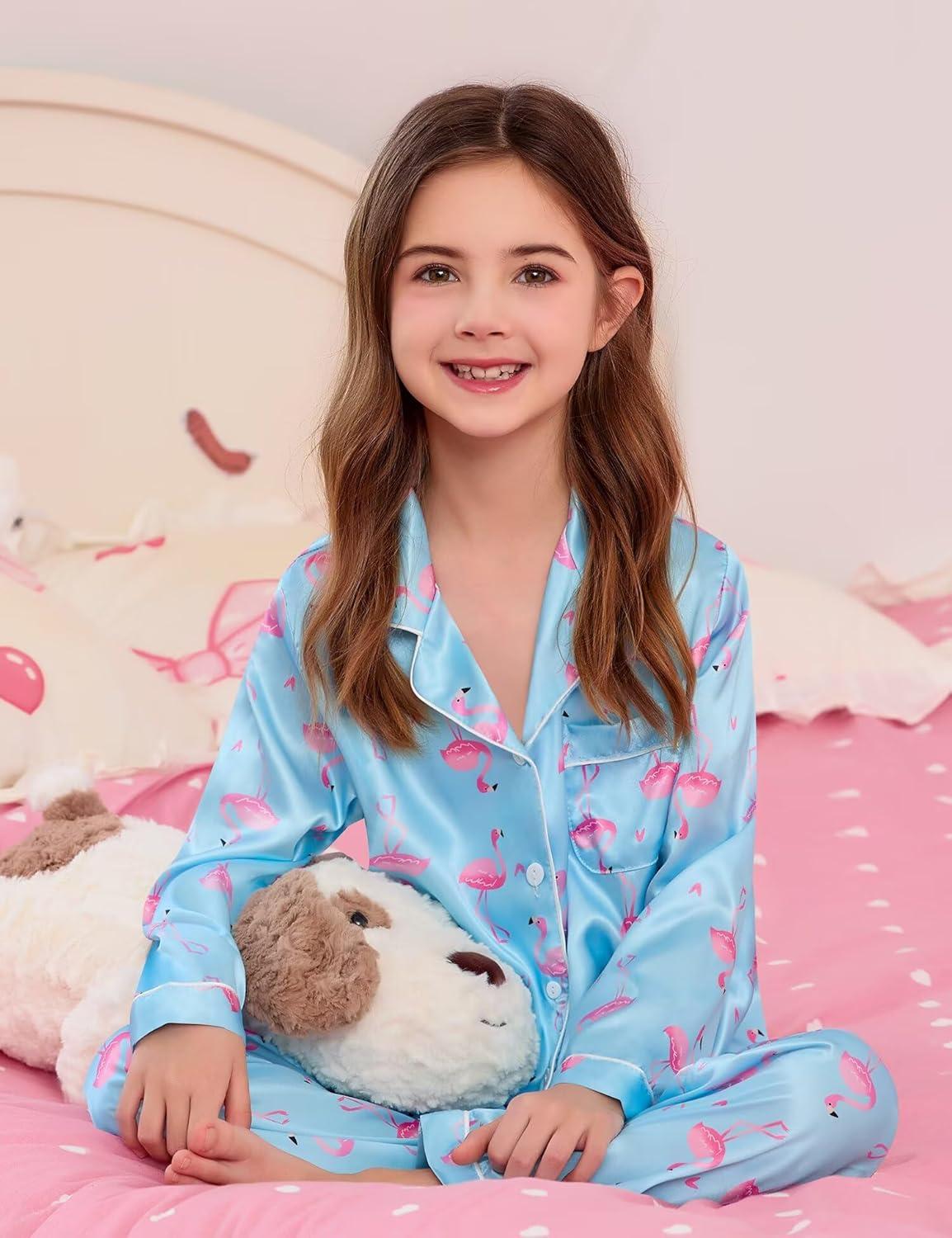 imageSWOMOG Kid Girls Boys Silk Satin Pajamas Set ButtonDown PJs Sets TwoPiece Lounge Sets Long Sleeve SleepwearBlue Flamingo