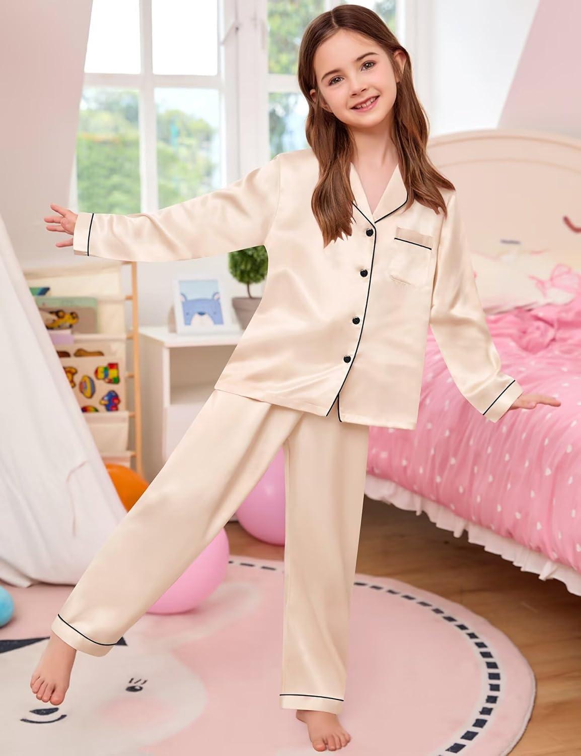 imageSWOMOG Kid Girls Boys Silk Satin Pajamas Set ButtonDown PJs Sets TwoPiece Lounge Sets Long Sleeve SleepwearChampagne