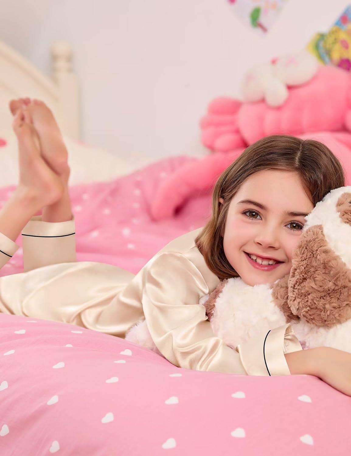 imageSWOMOG Kid Girls Boys Silk Satin Pajamas Set ButtonDown PJs Sets TwoPiece Lounge Sets Long Sleeve SleepwearChampagne