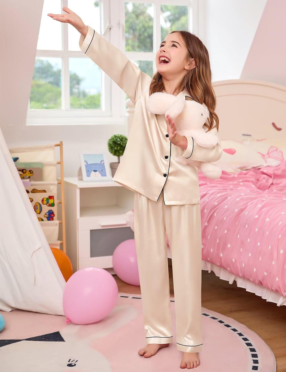 imageSWOMOG Kid Girls Boys Silk Satin Pajamas Set ButtonDown PJs Sets TwoPiece Lounge Sets Long Sleeve SleepwearChampagne