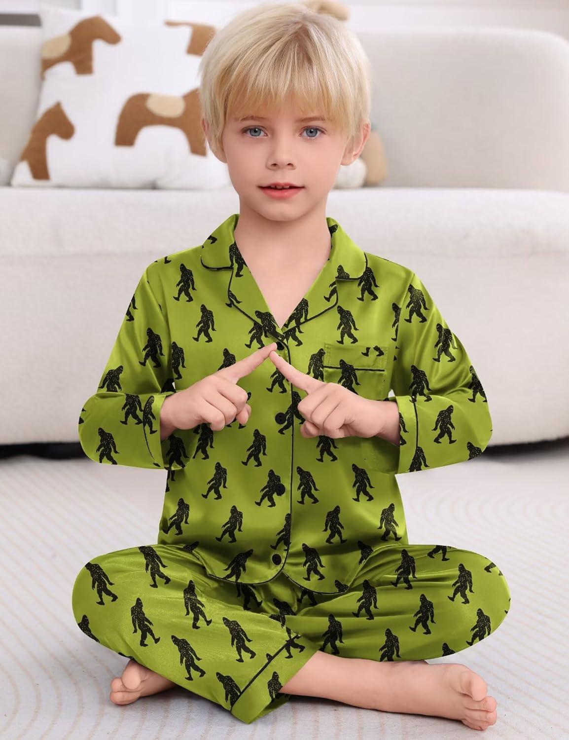 imageSWOMOG Kid Girls Boys Silk Satin Pajamas Set ButtonDown PJs Sets TwoPiece Lounge Sets Long Sleeve SleepwearGreen Gorilla