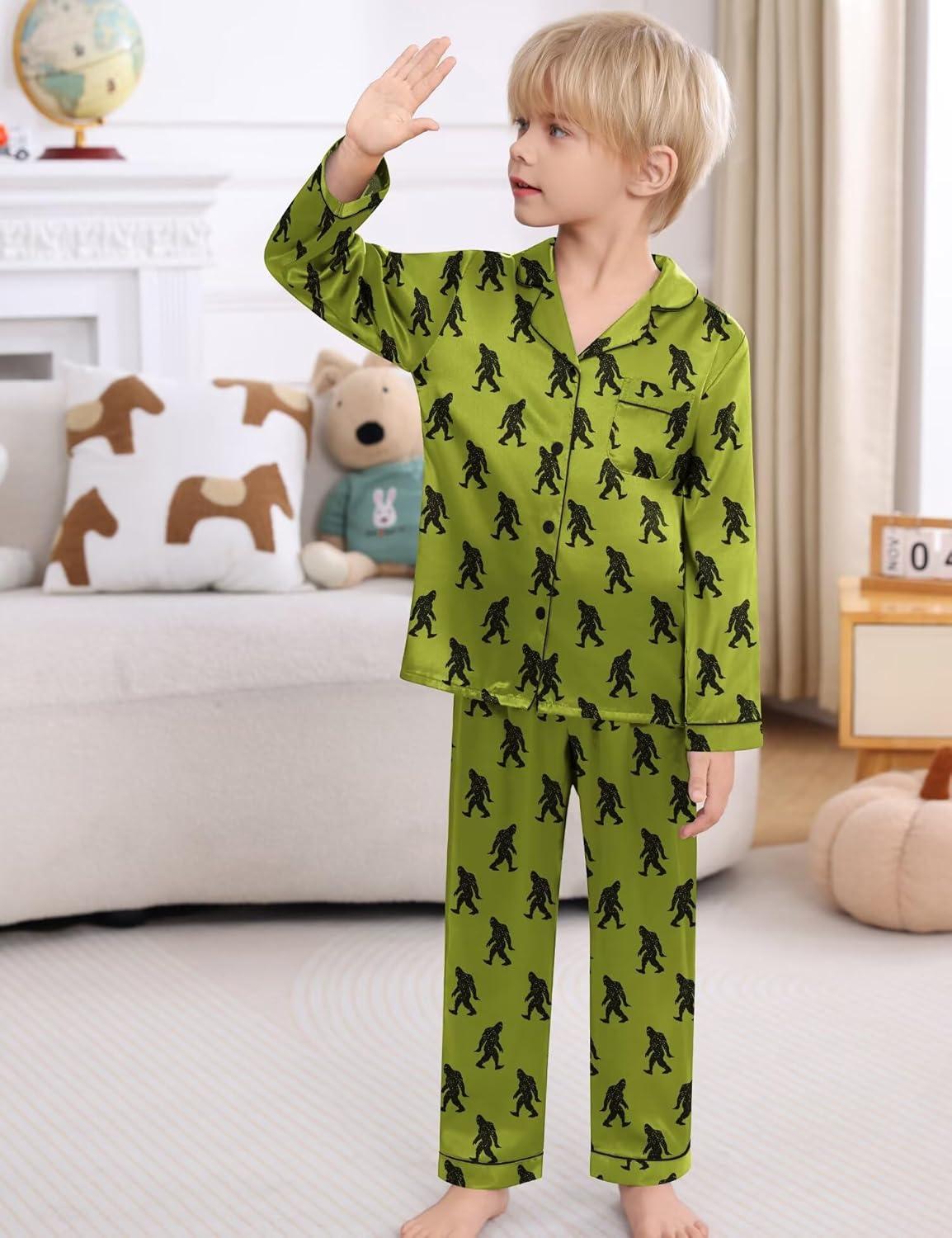 imageSWOMOG Kid Girls Boys Silk Satin Pajamas Set ButtonDown PJs Sets TwoPiece Lounge Sets Long Sleeve SleepwearGreen Gorilla