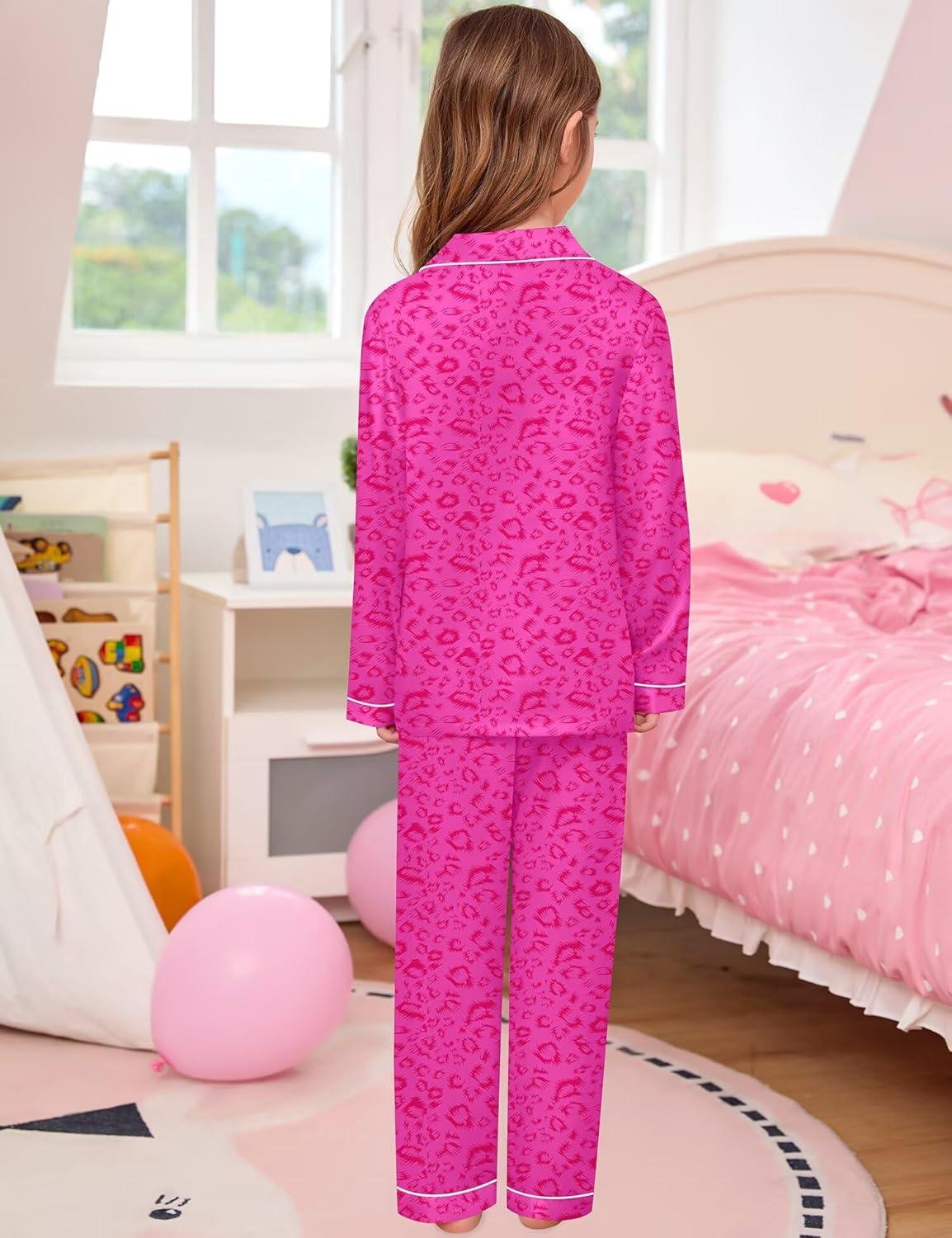 imageSWOMOG Kid Girls Boys Silk Satin Pajamas Set ButtonDown PJs Sets TwoPiece Lounge Sets Long Sleeve SleepwearHot Pink Leopard