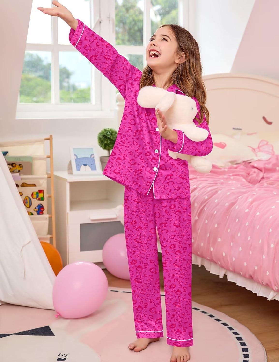 imageSWOMOG Kid Girls Boys Silk Satin Pajamas Set ButtonDown PJs Sets TwoPiece Lounge Sets Long Sleeve SleepwearHot Pink Leopard
