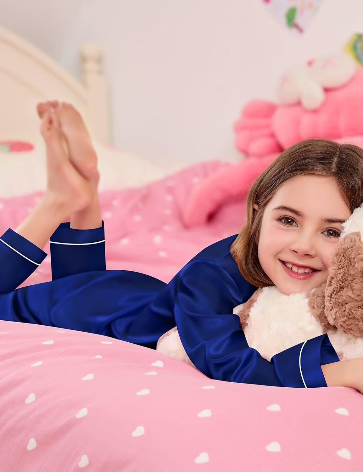imageSWOMOG Kid Girls Boys Silk Satin Pajamas Set ButtonDown PJs Sets TwoPiece Lounge Sets Long Sleeve SleepwearNavy Blue