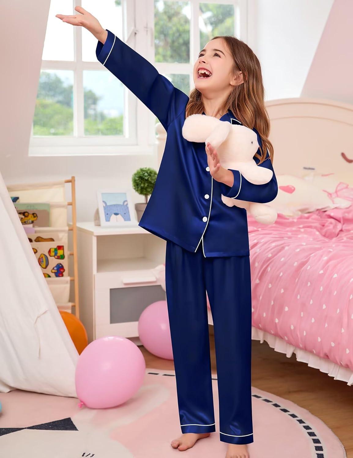 imageSWOMOG Kid Girls Boys Silk Satin Pajamas Set ButtonDown PJs Sets TwoPiece Lounge Sets Long Sleeve SleepwearNavy Blue