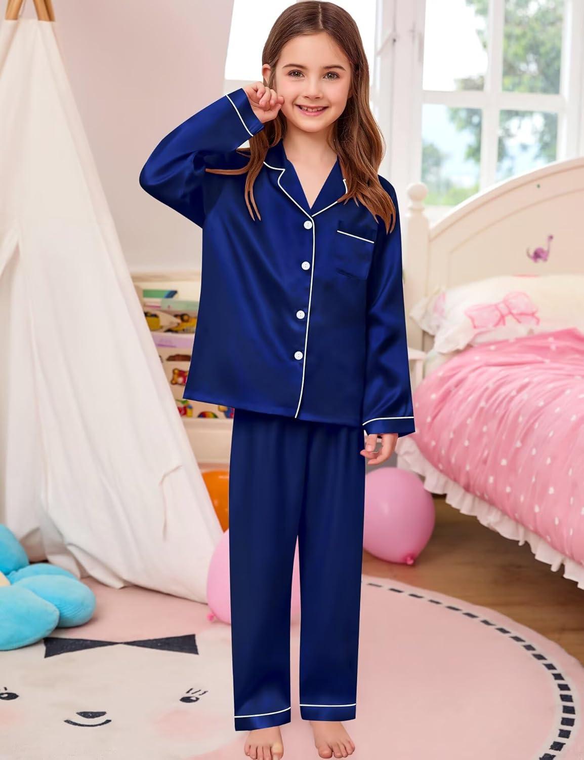 imageSWOMOG Kid Girls Boys Silk Satin Pajamas Set ButtonDown PJs Sets TwoPiece Lounge Sets Long Sleeve SleepwearNavy Blue